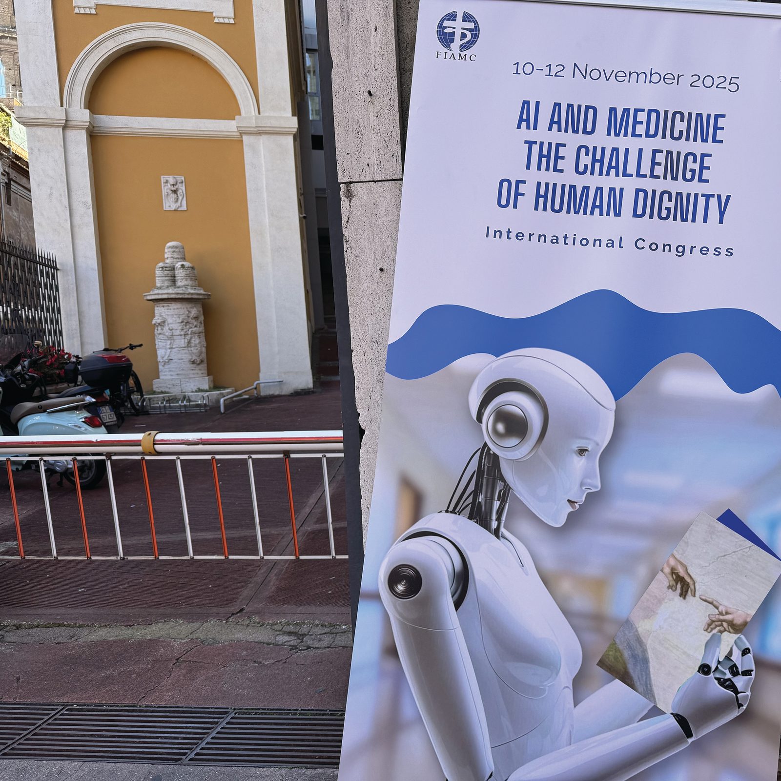 The poster for the international congress, “AI and Medicine: The Challenge of Human Dignity,” sponsored by the Pontifical Academy for Life and the International Federation of Catholic Medical Associations, is seen Nov. 10, 2025, outside the Jesuit headquarters in Rome where the congress was being held. (CNS photo/Cindy Wooden)