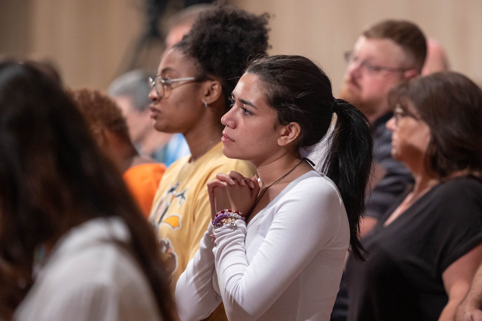 People pray during the National Eucharistic Pilgrimage Mass on June 9, 2024 at the Basilica of the National Shrine of the Immaculate Conception. The Mass marked the closing event of the National Eucharistic Pilgrimage stop in the nation’s capital. (Catholic Standard photos by Mihoko Owada)