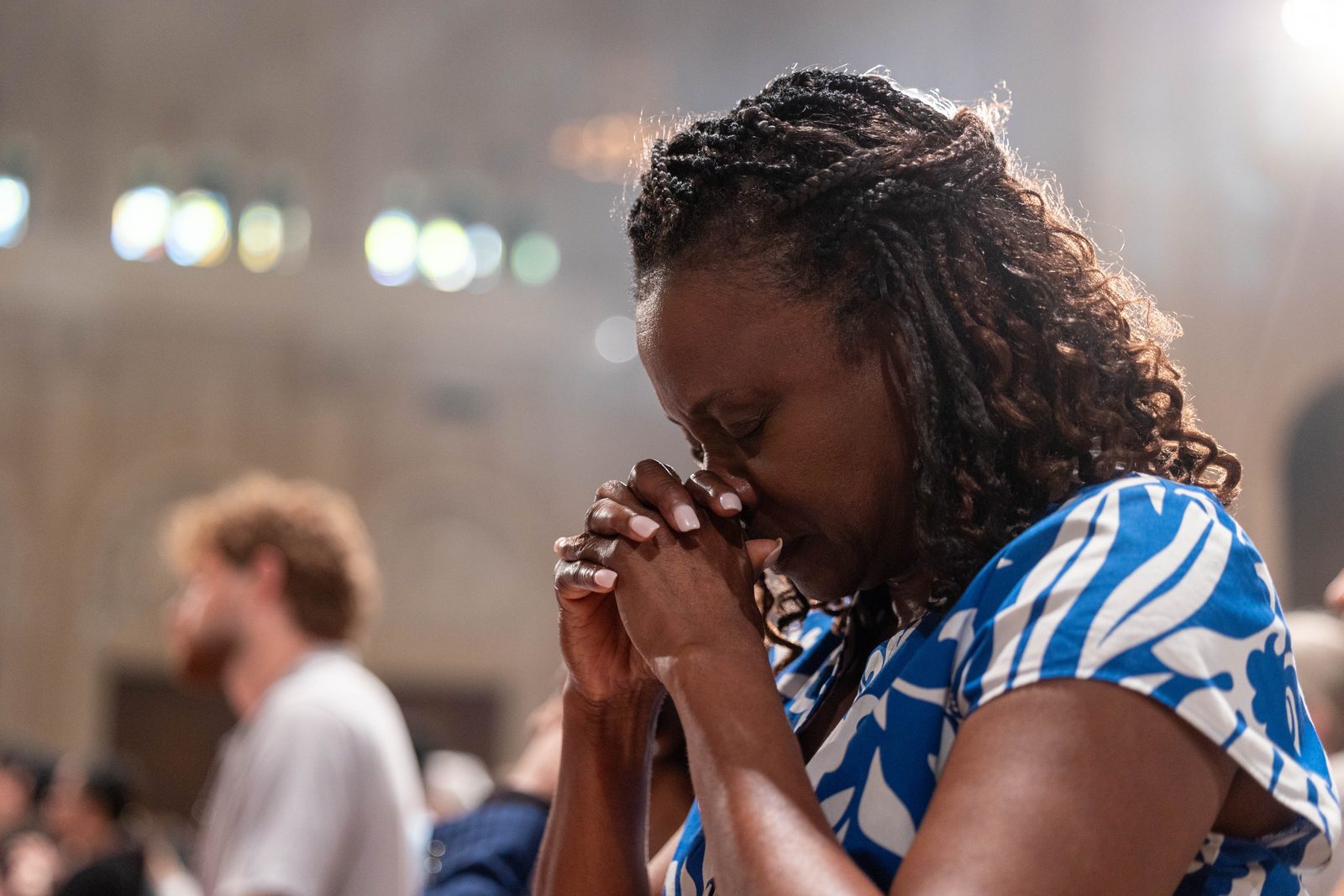 People pray during the National Eucharistic Pilgrimage Mass on June 9, 2024 at the Basilica of the National Shrine of the Immaculate Conception. The Mass marked the closing event of the National Eucharistic Pilgrimage stop in the nation’s capital. (Catholic Standard photos by Mihoko Owada)