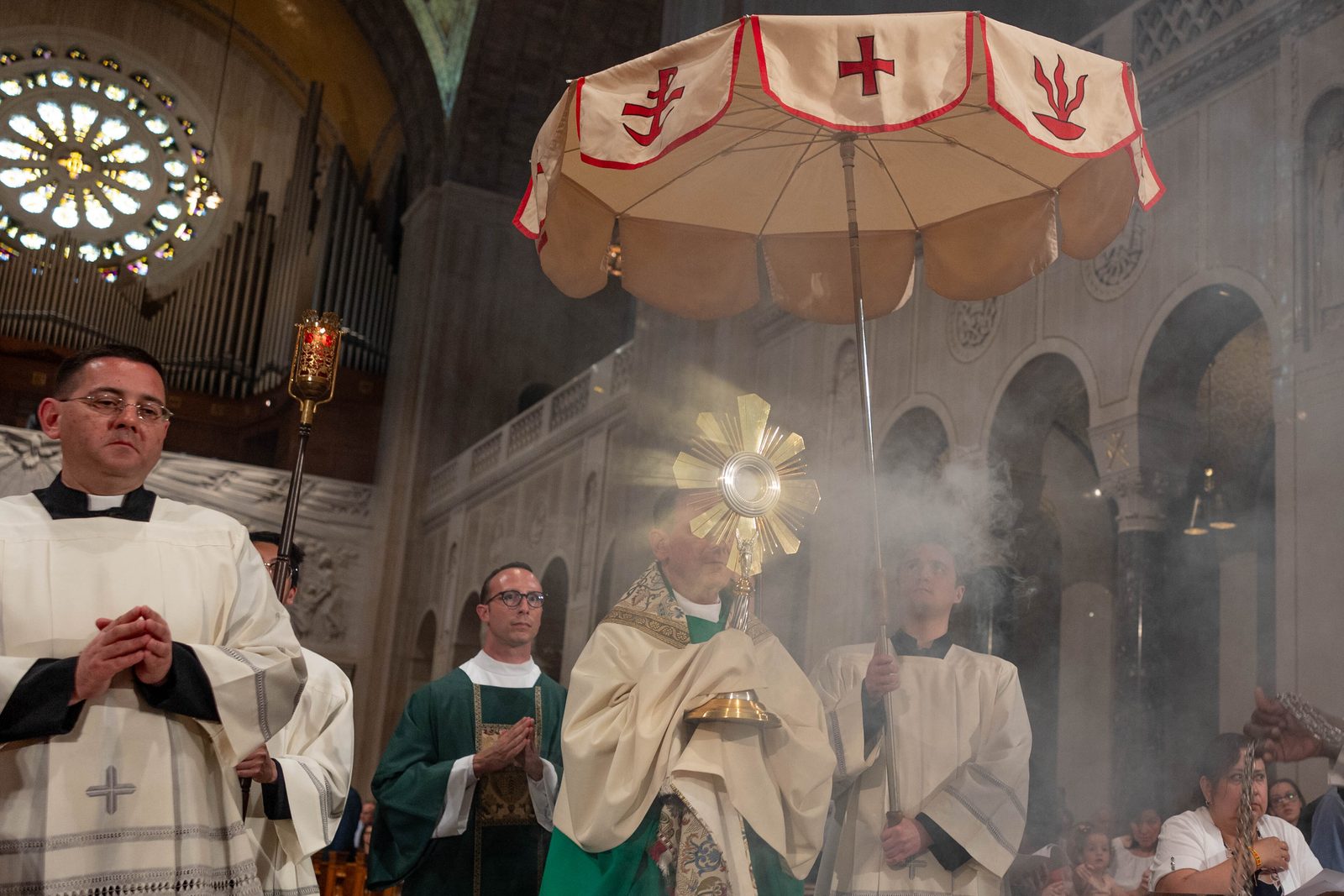 Arlington Bishop Michael F. Burbidge leads a Eucharistic procession through the Basilica of the National Shrine of the Immaculate Conception in Washington, D.C., during the National Eucharistic Pilgrimage Mass on June 9, 2024. (Catholic Standard photo by Mihoko Owada)