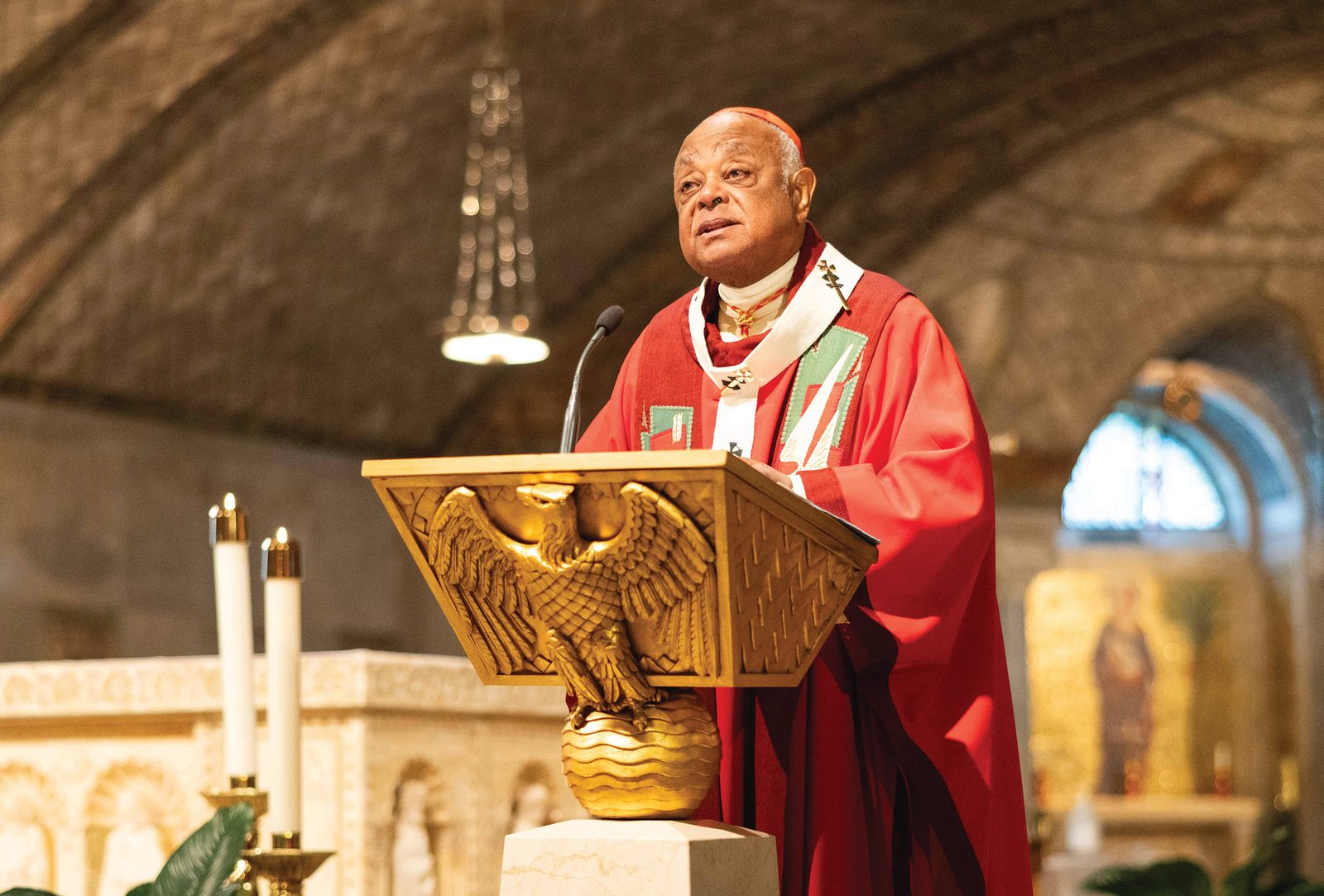 Cardinal Wilton Gregory delivers his homily during the June 29 Mass of Thanksgiving he celebrated in the Crypt Church of the Basilica of the National Shrine of the Immaculate Conception honoring the life and legacy of Father Clarence Rivers. In his homily, Cardinal Gregory praised the late Father Rivers as “a force to be reckoned with” and a “a genuine artist” who created “the sacred music that emanates from the hearts and spirits of African-Americans…The words and melodies (that) belong to our heritage as much as does the color of our skin.” (CS photo by Andrew Biraj)