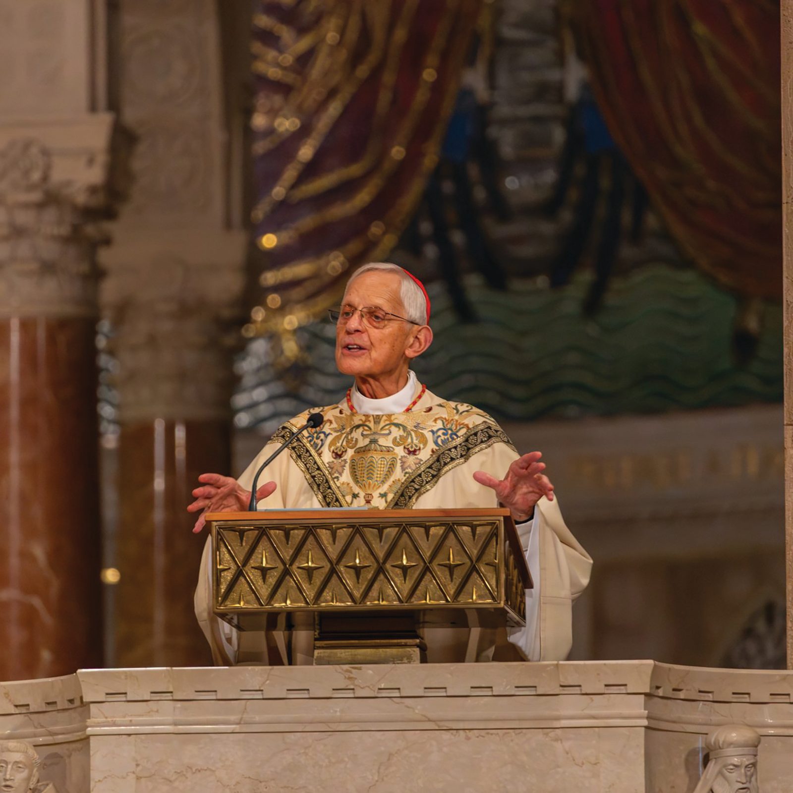 Above, Cardinal Donald W. Wuerl, retired archbishop of Washington, delivers the homily at the Basilica of the National Shrine of the Immaculate Conception in Washington July 4, 2026, during a Mass of Thanksgiving for America’s 250th Anniversary. Below, Archbishop Gabriele G. Caccia, the Vatican’s new apostolic nuncio to the United States, delivers a message from Pope Leo XIV during the Mass of Thanksgiving for America’s 250th. (OSV News photos/Tim Dias, courtesy National Shrine of the Immaculate Conception)