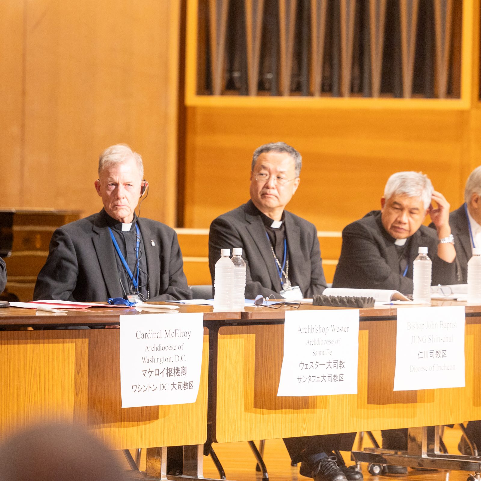 Washington Cardinal Robert W. McElroy, at left, speaks at a dialogue on Aug. 5, 2025 hosted by the Diocese of Hiroshima during a Pilgrimage of Peace to Hiroshima and Nagasaki by four U.S. archbishops and by leaders and students from U.S. Catholic universities that coincided with the 80th anniversary of the atomic bombings of those two cities in Japan. From left to right are Cardinal McElroy; Archbishop John C. Wester of Santa Fe, New Mexico; Bishop John Baptist Jung Shin-chul of the Diocese of Incheon in South Korea; and Bishop Edgar Gacutan of the Diocese of Sendai in Japan. (Catholic Standard photo by Mihoko Owada)