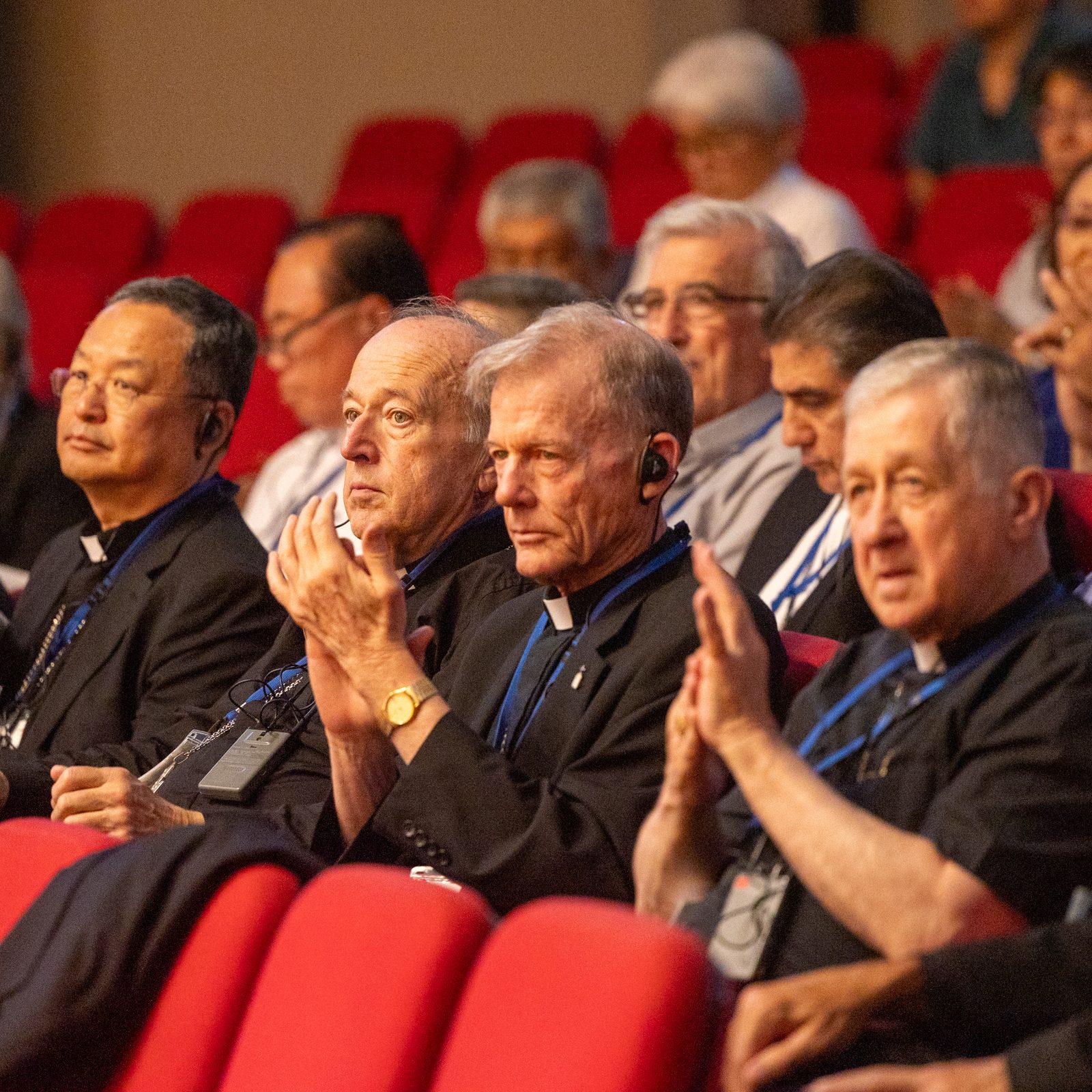 The U.S. archbishops participating in a Pilgrimage of Peace to Japan coinciding with the 80th anniversary of the atomic bombs being dropped on Hiroshima and Nagasaki included (at center from left to right) Cardinal Robert W. McElroy of Washington; Archbishop John C. Wester of Santa Fe, New Mexico; Cardinal Blase J. Cupich of Chicago; and Archbishop Paul D. Etienne of Seattle. They were among pilgrimage participants at a peace event on Aug. 5, 2025 hosted by the Diocese of Hiroshima where atomic bombing survivors were honored. (Catholic Standard photo by Mihoko Owada)