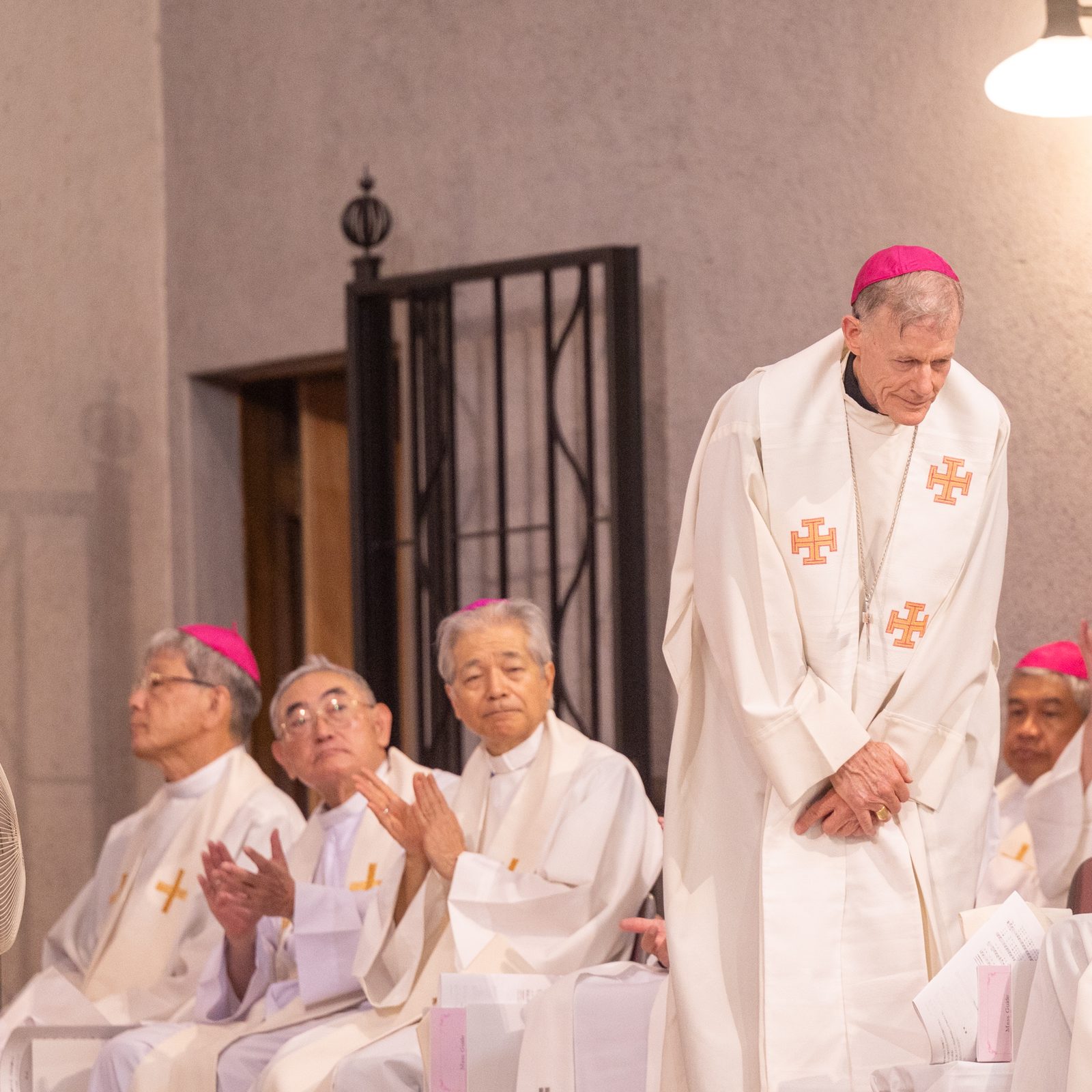 Archbishop John C. Wester of Santa Fe, New Mexico, is welcomed at a Peace Memorial Mass on Aug. 5, 2025 at the Memorial Cathedral for World Peace in Hiroshima, Japan. The Mass was held on the day before the 80th anniversary of the U.S. atomic bombing of Hiroshima. (Catholic Standard photo by Mihoko Owada)