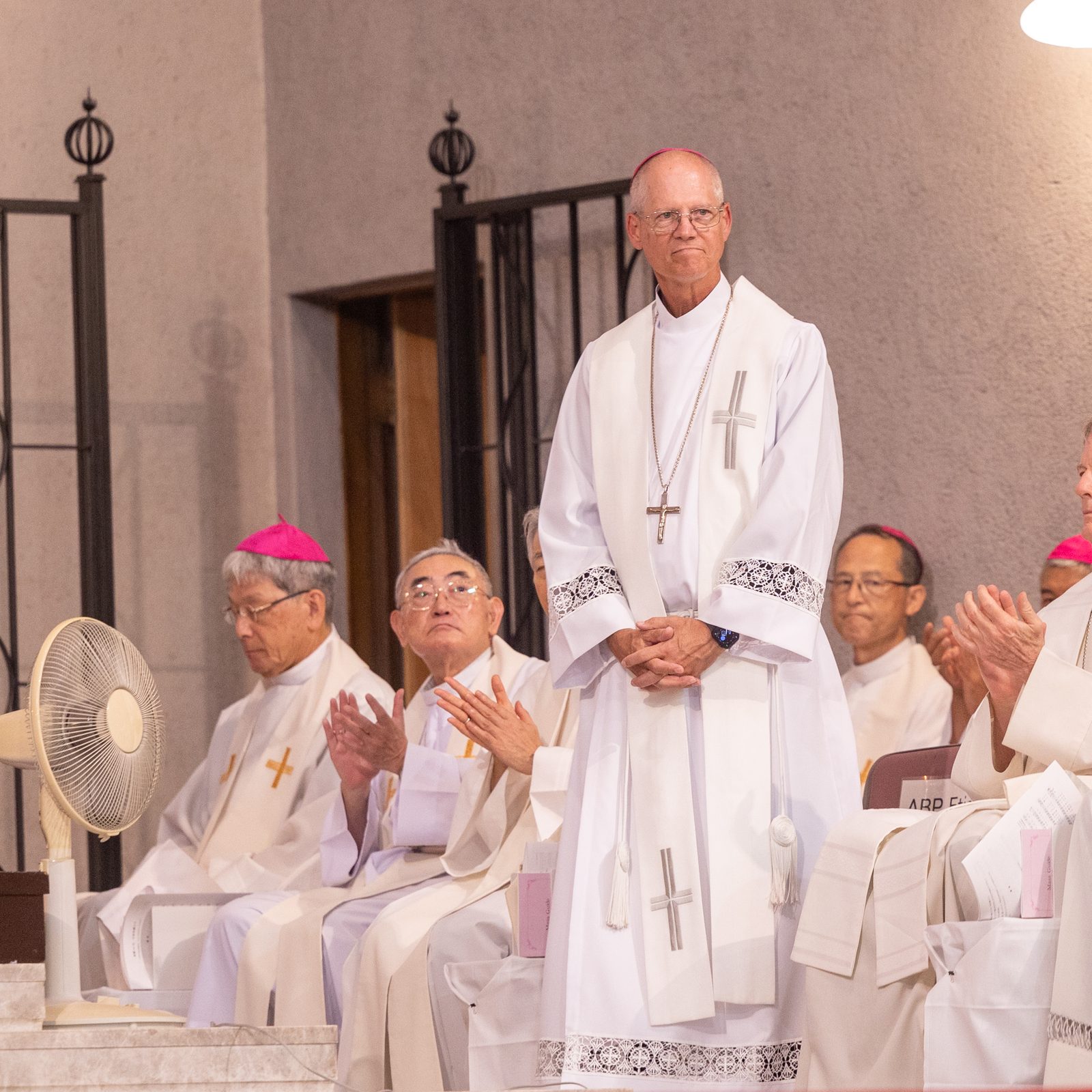 Seattle Archbishop Paul D. Etienne is welcomed at a Peace Memorial Mass on Aug. 5, 2025 at the Memorial Cathedral for World Peace in Hiroshima, Japan. The Mass was held on the day before the 80th anniversary of the U.S. atomic bombing of Hiroshima. (Catholic Standard photo by Mihoko Owada)