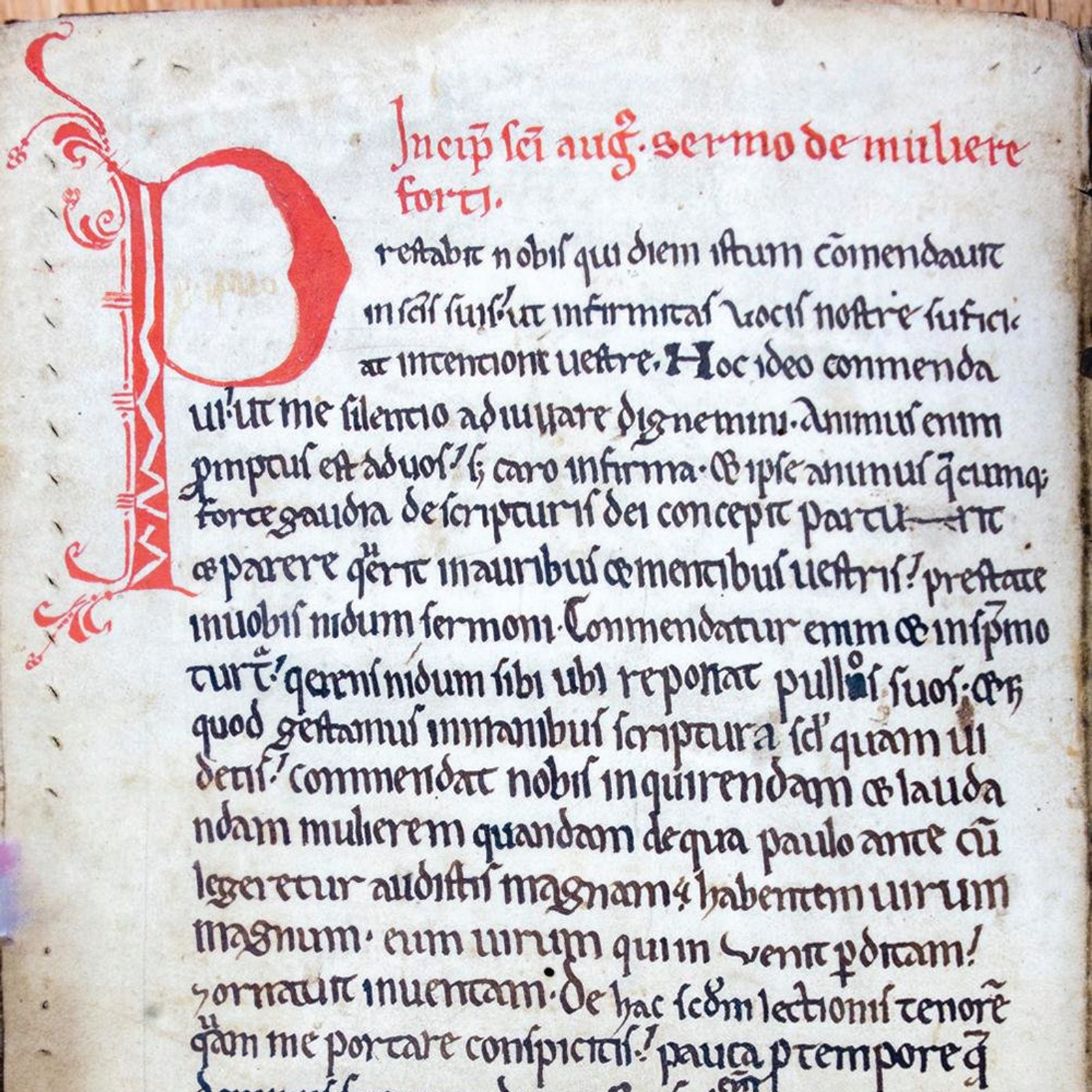The first page of a 12th-century manuscript preserved at the diocesan library in Pelplin, Poland, containing St. Augustine's sermon "Sermo de muliere forti" ("A Sermon on a Strong Woman") is seen in an undated photo. Scholars recently identified two previously unknown sermons by the patron saint of theologians in the manuscript. (OSV News photo/courtesy Paul Nebauer)