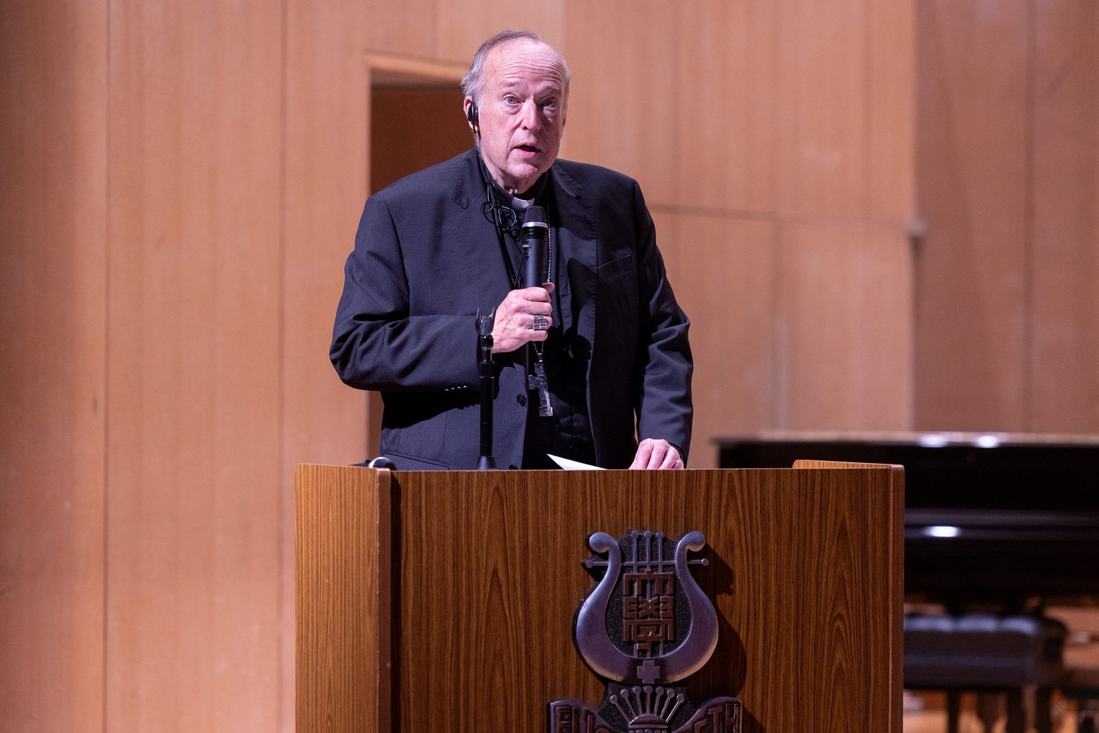 Cardinal Robert W. McElroy of Washington speaks at an Aug. 6, 2025 academic symposium at Elisabeth University of Music in Hiroshima, Japan. Washington’s archbishop was part of a Pilgrimage of Peace that included four U.S. archbishops and Catholic university officials and students from the United States who traveled to Japan to promote peace and nuclear disarmament on the 80th anniversary of the atomic bombs dropped on Hiroshima and Nagasaki. (Catholic Standard photo by Mihoko Owada)