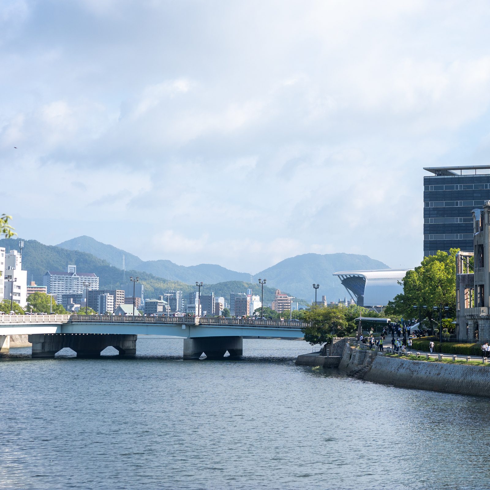 The Atomic Bomb Dome is seen from Motoyasu Bridge in Hiroshima on the morning of Aug. 6, 2025, the 80th anniversary of the atomic bombing of that city. (Catholic Standard photo by Mihoko Owada)