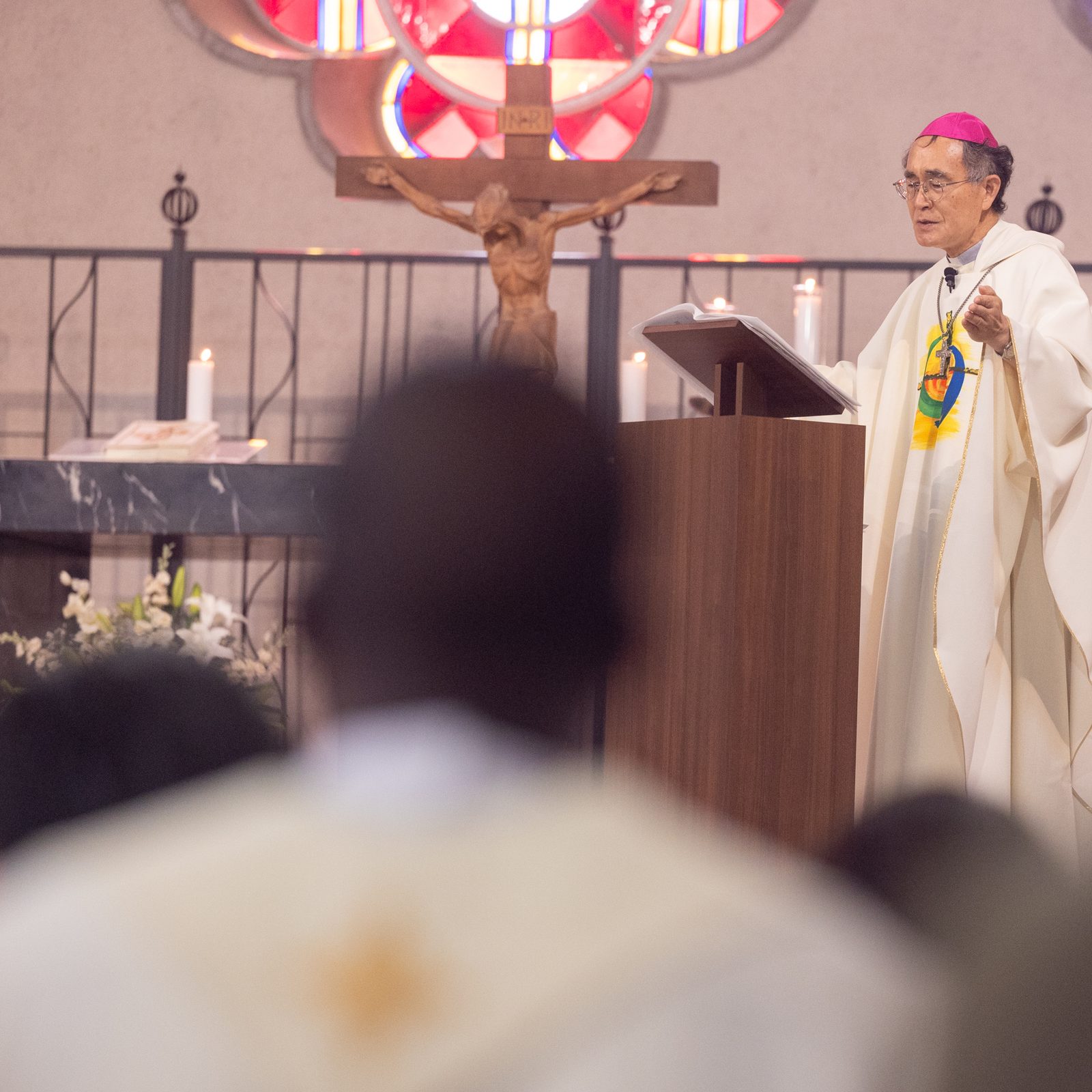 Hiroshima Bishop Alexis Mitsuru Shirahama presides at a Mass on Aug. 6, 2025 at the World Peace Memorial Cathedral in Hiroshima, Japan, for the Victims of the Atomic Bombing. Cardinal Robert W. McElroy of Washington stands behind him. The Mass was part of a Pilgrimage of Peace of four U.S. archbishops and of U.S. Catholic university leaders and students to Hiroshima and Nagasaki to pray and dialogue for peace on the 80th anniversary of when the atomic bombs were dropped on those cities on Aug. 6 and 9, 1945. (Catholic Standard photo by Mihoko Owada)