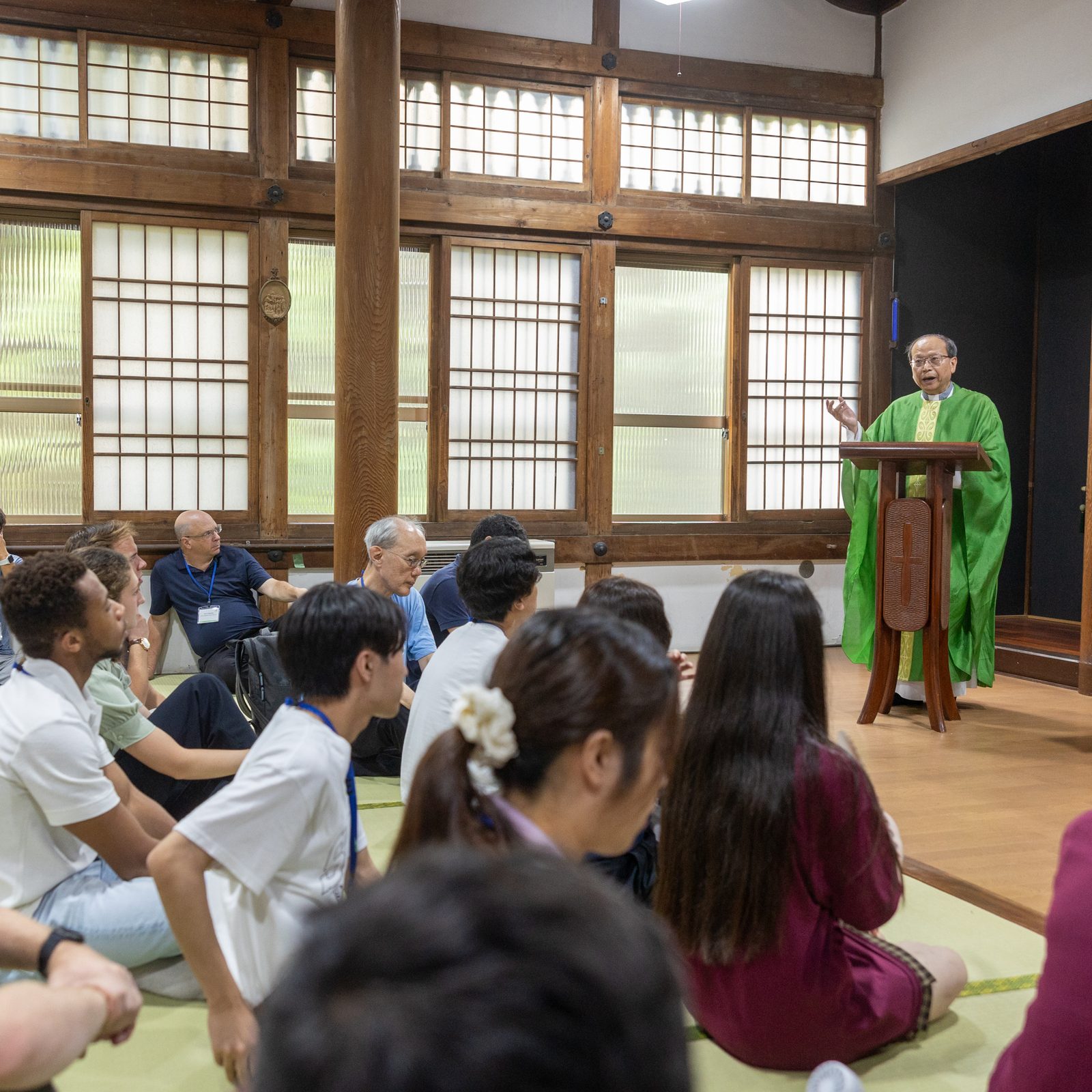 On Aug. 7, 2025, Jesuit Father Tsutomu Sakuma, the provincial of the Jesuits' Japan Province, gives the homily during a Mass in the chapel of the former Jesuit novitiate in Nagatsuka, a suburb of Hiroshima. (Catholic Standard photo by Mihoko Owada)