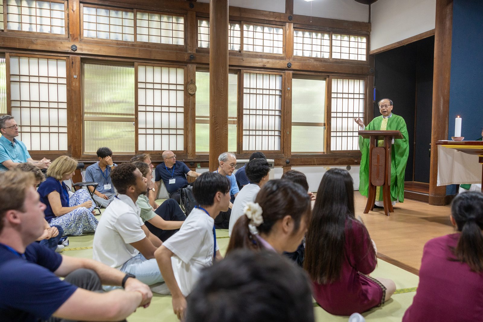 On Aug. 7, 2025, Jesuit Father Tsutomu Sakuma, the provincial of the Jesuits' Japan Province, gives the homily during a Mass in the chapel of the former Jesuit novitiate in Nagatsuka, a suburb of Hiroshima. (Catholic Standard photo by Mihoko Owada)