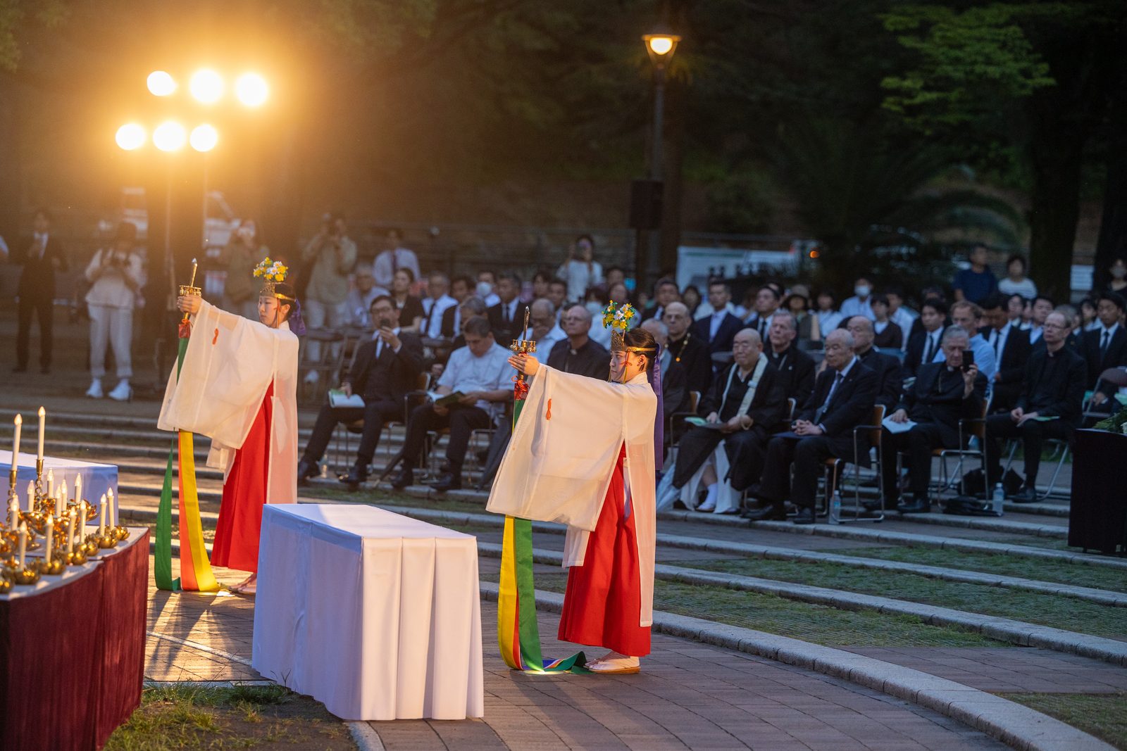 Shinto representatives offer a peace ritual during the Memorial Service for the Victims of the Atomic Bombing held in Nagasaki Hypocenter Park on Aug. 8, 2025. (Catholic Standard Photo by Mihoko Owada)
