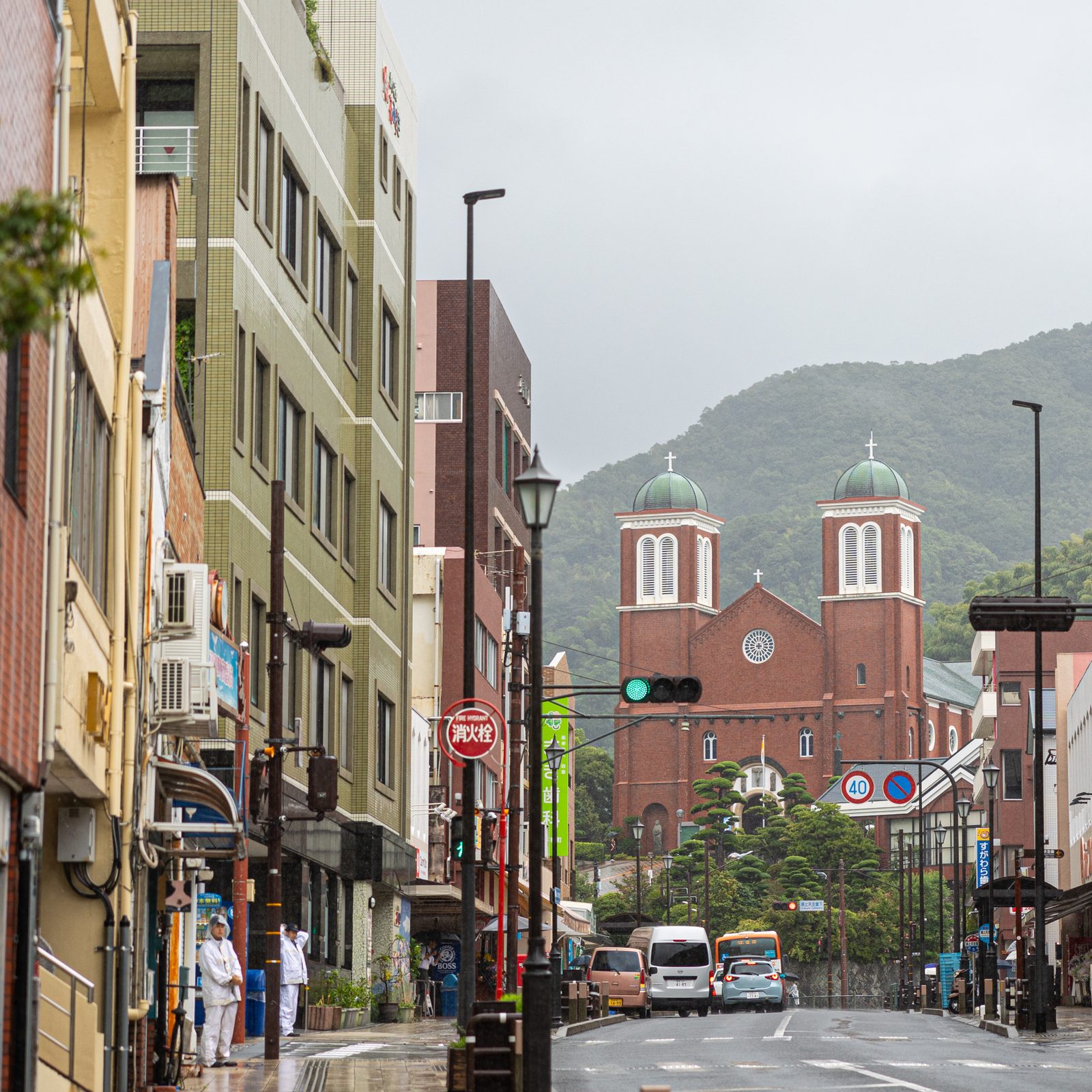 On the rainy morning of August 9, 2025, Urakami Cathedral is seen from Heiwa Koen Dori (Peace Park Street) in the Urakami neighborhood of Nagasaki, Japan. (Catholic Standard photo by Mihoko Owada)