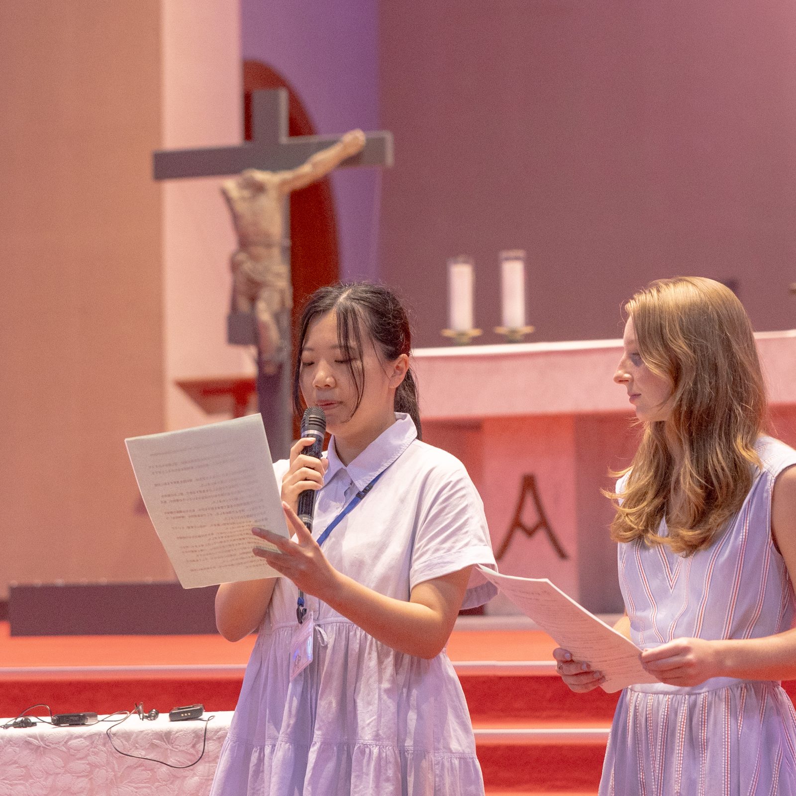 During the symposium “Walking Together: A Gathering of Pilgrims for Peace” at Urakami Cathedral in Nagasaki on August 10, 2025, students from Sophia University in Tokyo and from U.S. universities report on their August 8 dialogue and joint statement. (Catholic Standard photo by Mihoko Owada)