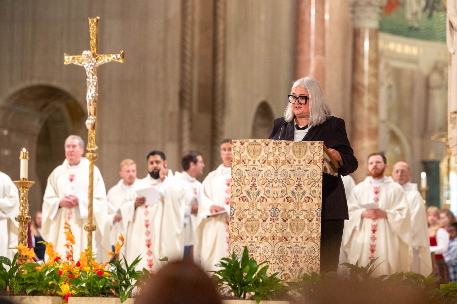 Kelly Branaman, the Secretary for Catholic Schools and Superintendent of Schools for The Roman Catholic Archdiocese of Washington, speaks during the Opening of Schools Mass on Aug. 26 at the National Shrine. (Catholic Standard photo by Mihoko Owada)