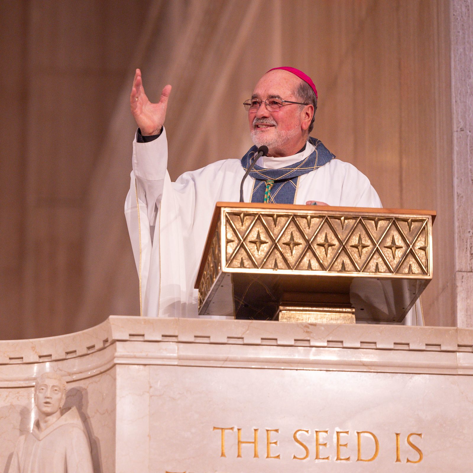 At the Sept. 14 dedication Mass for the new Oratory of Our Lady of Aparecida at the National Shrine, Bishop Edgar da Cunha, SDV, of Fall River, Massachusetts, gives the homily. The bishop, who is a native of Brazil, is the promoter of the Oratory of Our Lady of Aparecida. (Catholic Standard photo by Mihoko Owada)