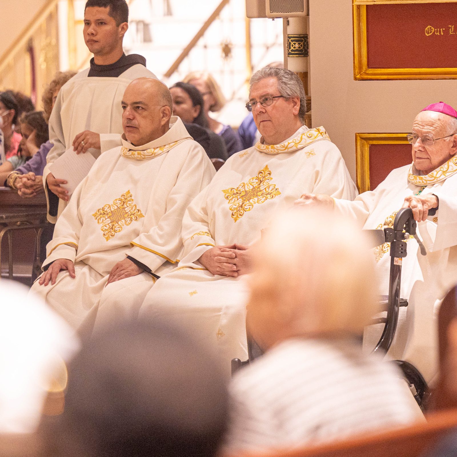 Concelebrating the Mass with Cardinal Gregory were (from left) Franciscan Father Ramzi Sidawi, guardian of the monastery; Franciscan Father Francesco Patton, the Custos of the Holy Land and guardian of the Holy Shrines of Christianity; Bishop Paul Loverde, the bishop emeritus of Arlington, Virginia, and Bishop Denis Madden auxiliary bishop emeritus of Baltimore, both of whom serve as co-chairmen of the monastery’s honorary board of directors. (Catholic Standard photo by Mihoko Owada)