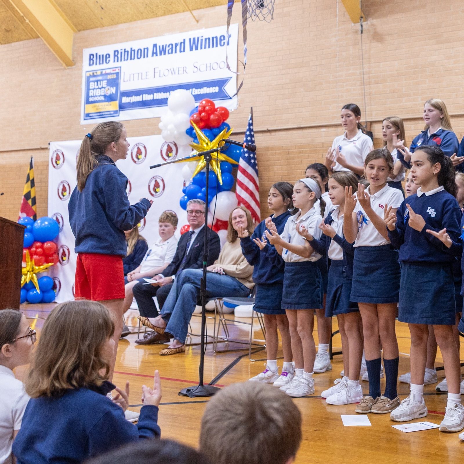The choir at Little Flower School in Bethesda, Maryland, sings during a celebration on Oct. 14 after Little Flower was named a Maryland Blue Ribbon School for the 2025-26 school year. (Catholic Standard photo by Mihoko Owada)