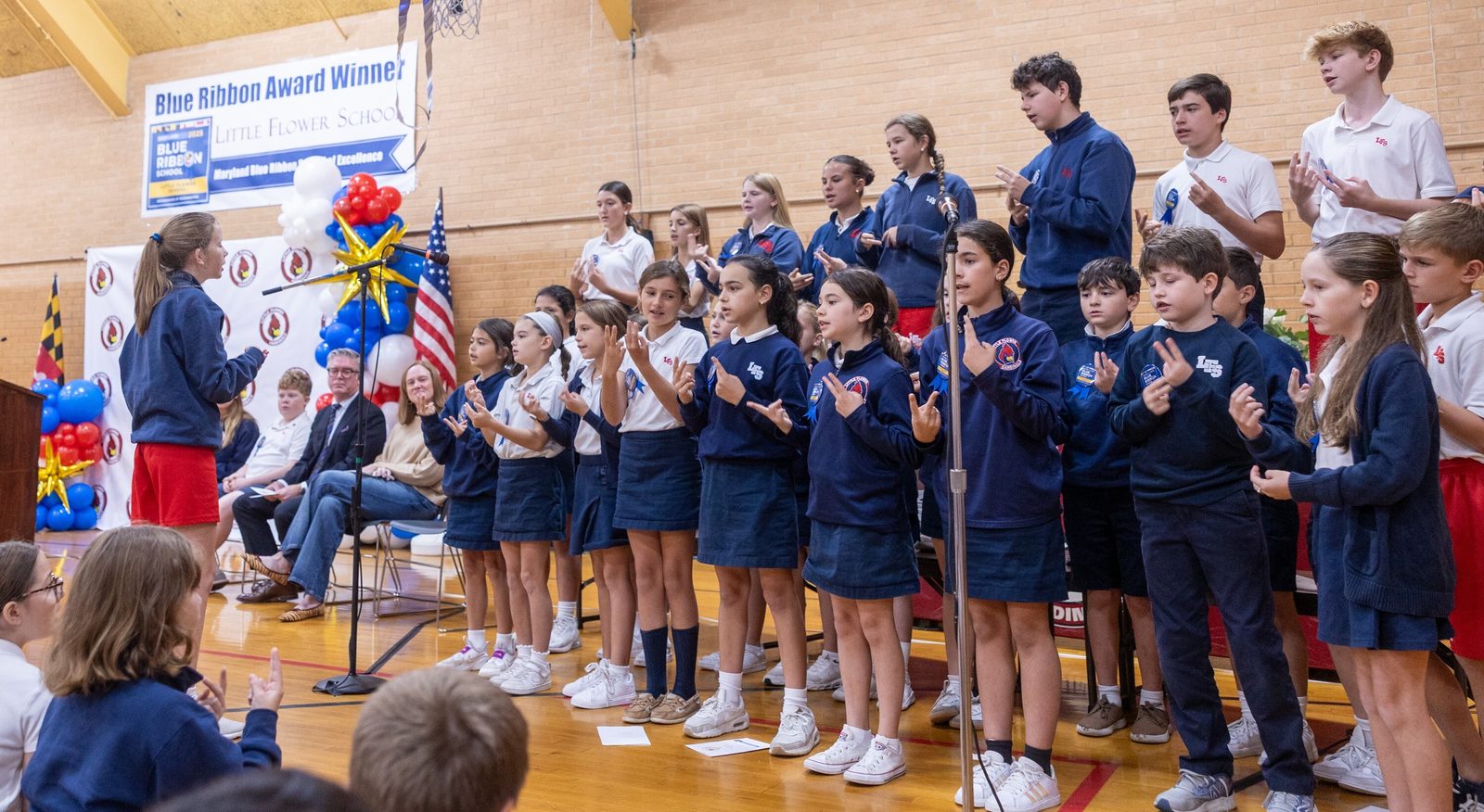 The choir at Little Flower School in Bethesda, Maryland, sings during a celebration on Oct. 14 after Little Flower was named a Maryland Blue Ribbon School for the 2025-26 school year. (Catholic Standard photo by Mihoko Owada)