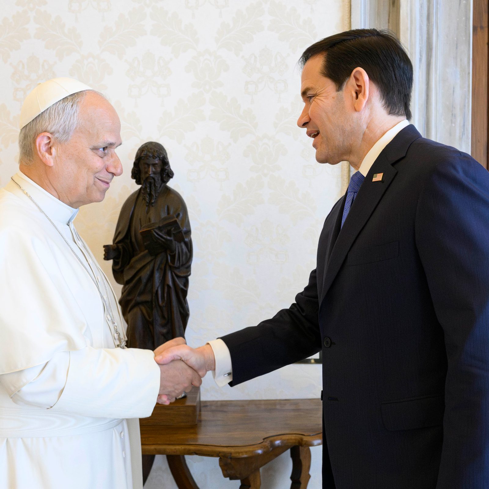 Pope Leo XIV greets U.S. Secretary of State Marco Rubio during a private audience at the Vatican May 7, 2026. (OSV News photo/Simone Risoluti, Vatican Media)