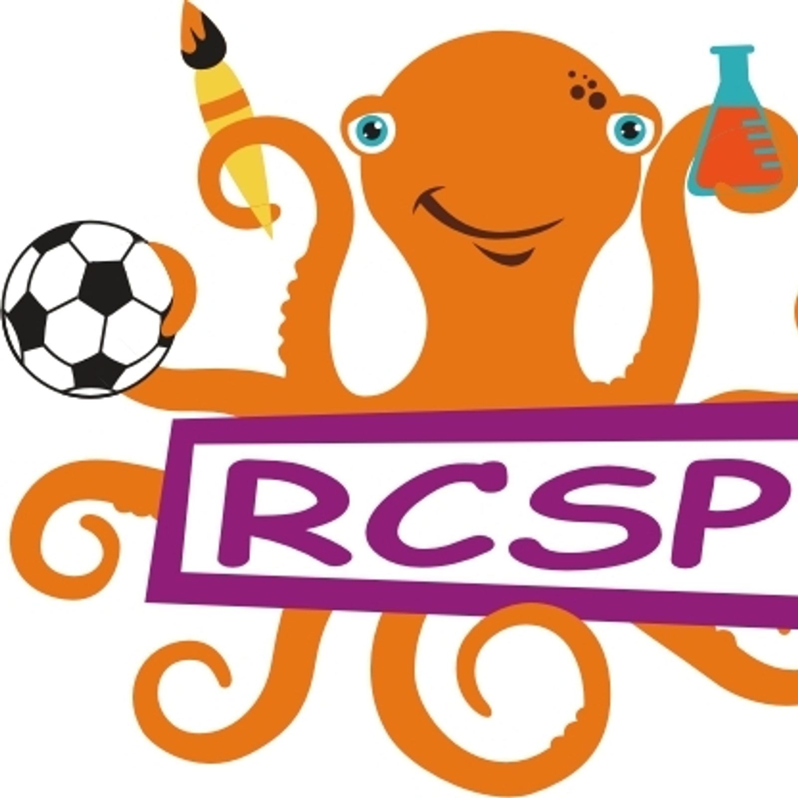 The logo for the Rockville Catholic Summer Program features the camp’s mascot, Oscar the octopus, holding sports, arts and crafts and science symbols and a cross, reflecting the different activities at the camp and its Catholic focus.