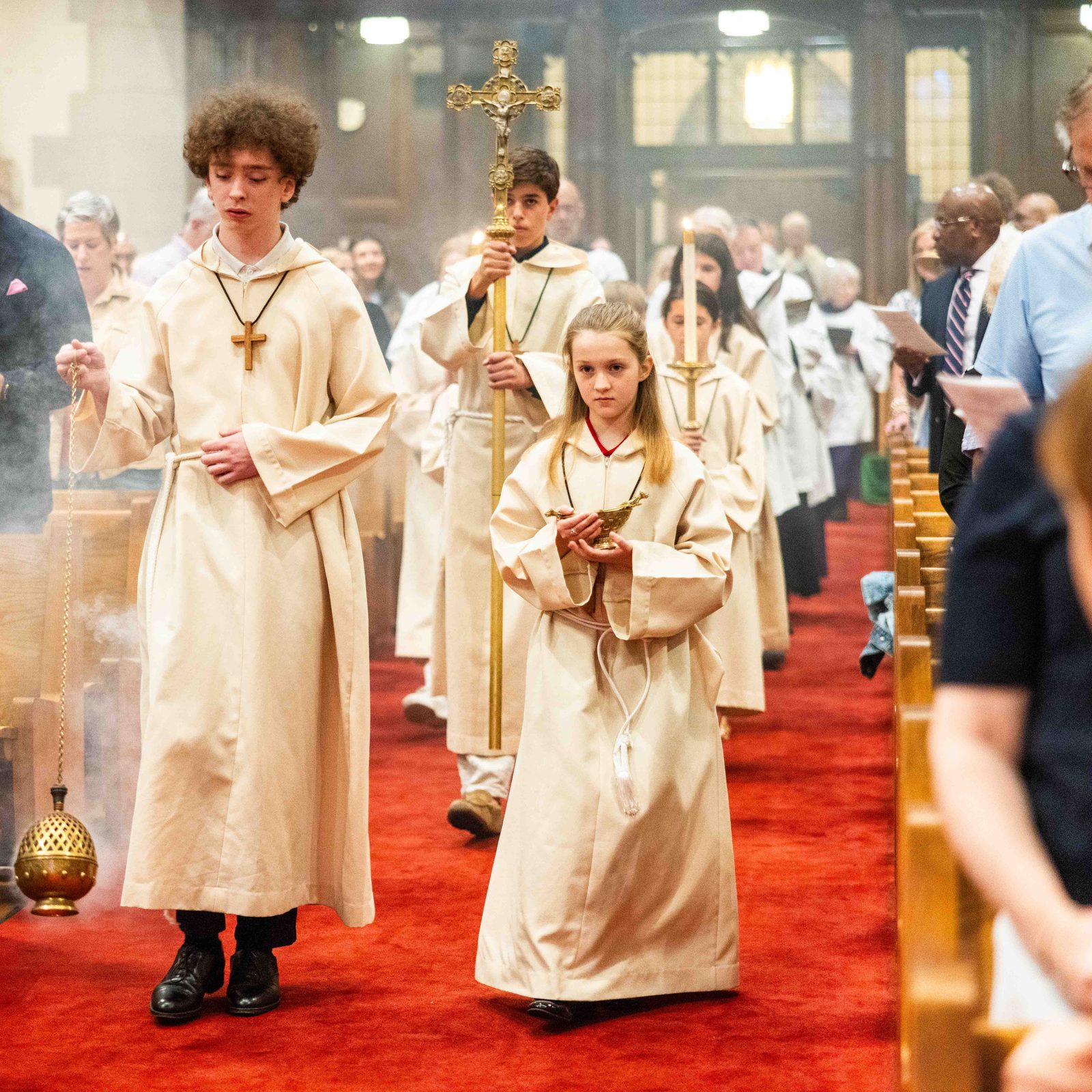 Altar servers lead an opening procession for a Mass at the Shrine of the Most Blessed Sacrament in Washington, D.C., on June 7, 2026 on the Solemnity of the Most Holy Body and Blood of Christ, the parish feast day. (Catholic Standard photo by Andrew Biraj)