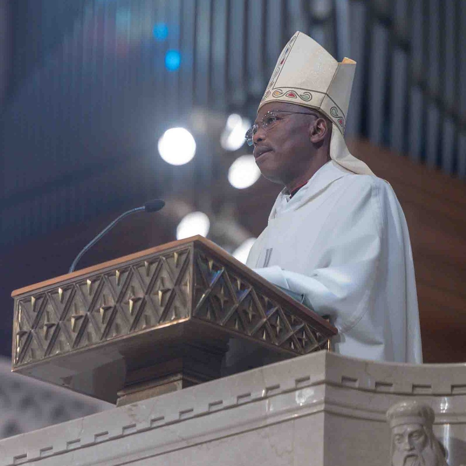 Bishop Stephen Dami Mamza of the Diocese of Yola in Nigeria gives the homily during a Mass for Solidarity with the Bishops and Faithful of Africa on Feb. 4, 2026 at the Basilica of the National Shrine of the Immaculate Conception in Washington. Bishop Mamza serves as the first vice president of SECAM – the Symposium of Episcopal Conferences of Africa and Madagascar. The Mass was held in conjunction with the United States Conference of Catholic Bishops’ Committee on International Justice and Peace and followed a joint statement, “Brothers and Sisters in Hope,” issued by the USCCB and SECAM on Feb. 2. (Catholic Standard photo by Mihoko Owada)
