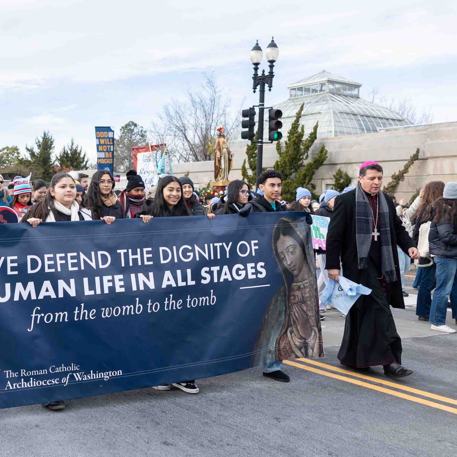 Washington Auxiliary Bishop Evelio Menjivar joins marchers from the Roman Catholic Archdiocese of Washington as they participate in the March for Life on Jan. 23, 2026. (Catholic Standard photos by Mihoko Owada)