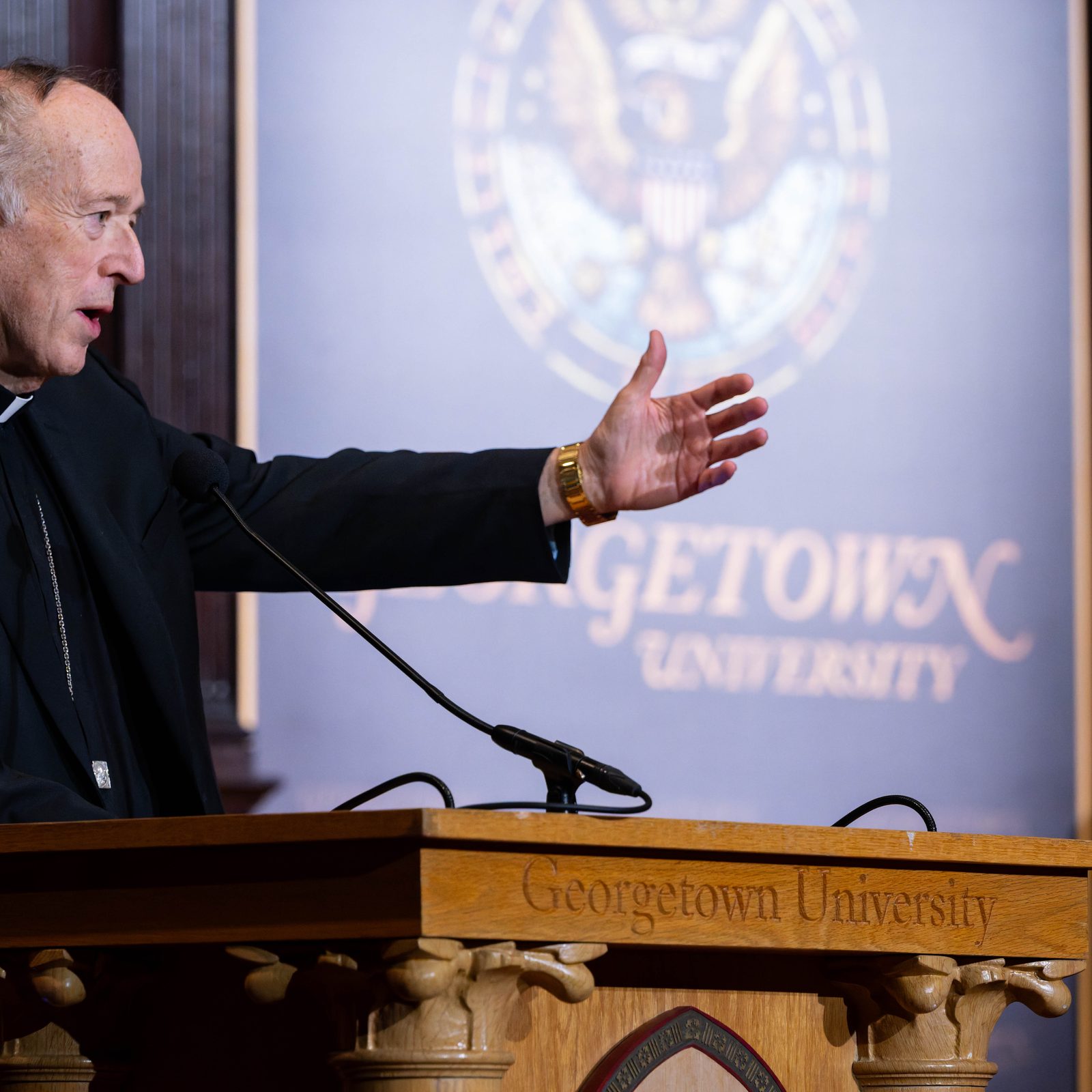 Cardinal Robert W. McElroy, the archbishop of Washington, speaks before offering a closing prayer at a Jan. 21, 2026 dialogue sponsored by the Initiative on Catholic Social Thought and Public Life at Georgetown University that honored the initiative’s founder, John Carr, who retired at the end of 2025. (Georgetown University photo/Phil Humnicky)