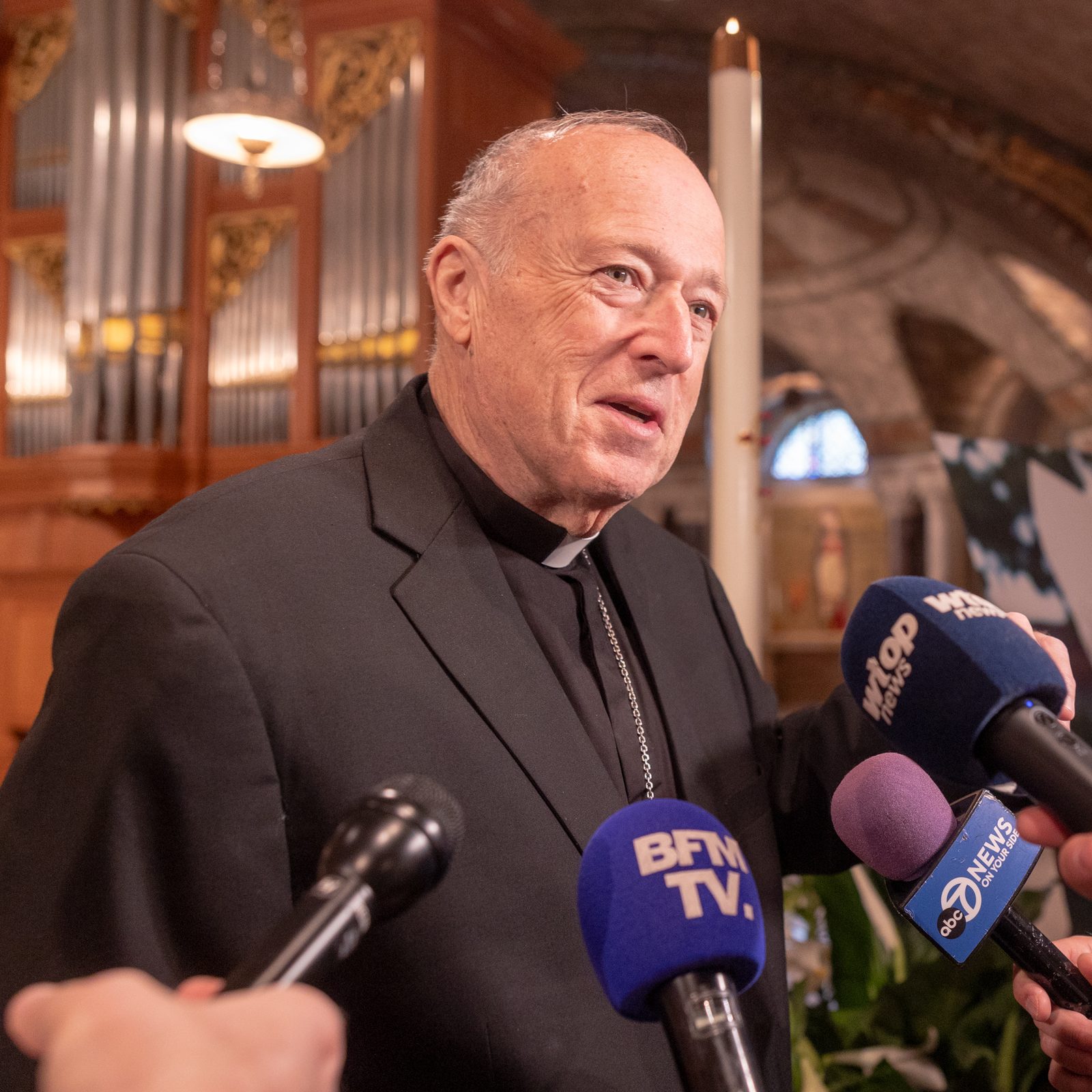 Cardinal Robert W. McElroy, the archbishop of Washington, speaks to members of the press following a Memorial Mass for Pope Francis on April 21, 2025 at the Crypt Church of the Basilica of the National Shrine of the Immaculate Conception in Washington, D.C. Pope Francis died earlier that morning in Rome at the age of 88. Cardinal McElroy was a concelebrant at the Mass. (Catholic Standard photo by Mihoko Owada)