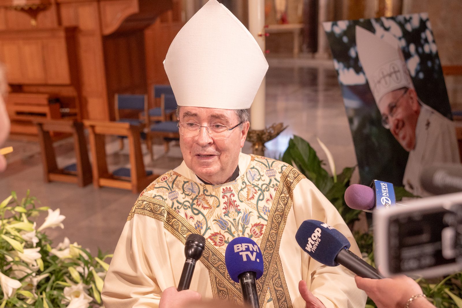 Cardinal Christophe Pierre, the apostolic nuncio to the United States, speaks to members of the press following a Memorial Mass for Pope Francis on April 21, 2025 at the Crypt Church of the Basilica of the National Shrine of the Immaculate Conception in Washington, D.C. Pope Francis died earlier that morning in Rome at the age of 88. Cardinal Pierre was the main celebrant of the Mass. (Catholic Standard photo by Mihoko Owada)