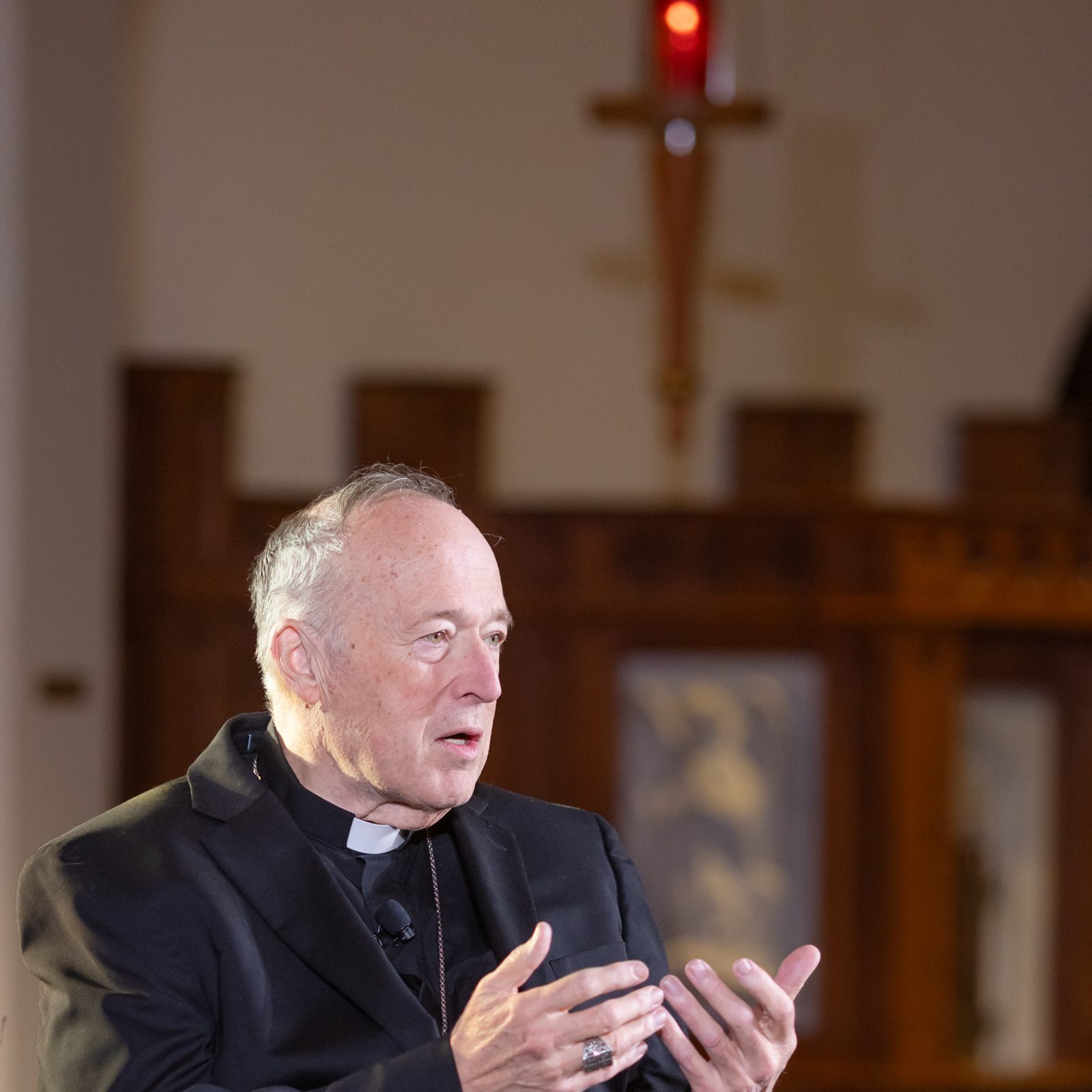 Cardinal Robert W. McElroy, the archbishop of Washington, speaks during a discussion on “Faith, Democracy, and the Common Good: Lessons from John Courtney Murray for Our Times,” held March 18, 2026 at the Dahlgren Chapel of the Sacred Heart at Georgetown University in Washington, D.C. The Dahlgren Dialogue was sponsored by the university’s Office of Mission & Ministry and by the Initiative on Catholic Social Thought and Public Life at Georgetown. (Catholic Standard photo by Rachel Lincoln)
