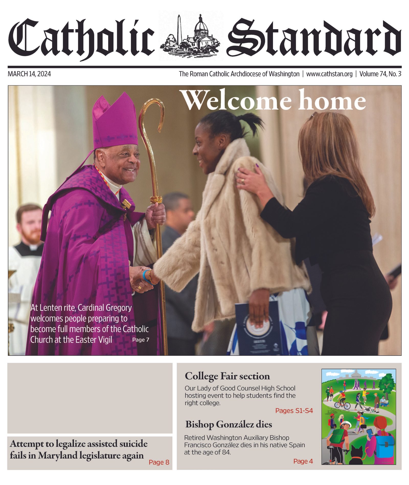 The 16 awards Catholic Media Awards that the Catholic Standard newspaper and website of the Roman Catholic Archdiocese of Washington received at the Catholic Media Conference in Phoenix on June 24-27 included a first place award for best front page in a diocesan newspaper. This cover from March 14, 2024 shows Washington Cardinal Wilton Gregory during the Rite of Election and Call to Continuing Conversion at the Basilica of the National Shrine of the Immaculate Conception greeting catechumens and candidates preparing to fully enter the Catholic Church at Easter. (Catholic Standard photo by Mihoko Owada)