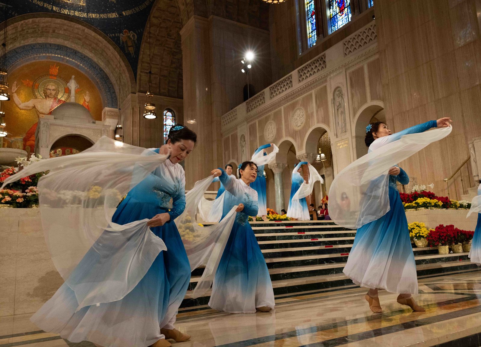 Dancers from the Chinese Catholic Community of New Jersey participate in a call to prayer during the 21st annual Asian and Pacific Island Catholics Marian Pilgrimage to the Basilica of the National Shrine of the Immaculate Conception on May 4, 2024. (Photos by Andrew Biraj)