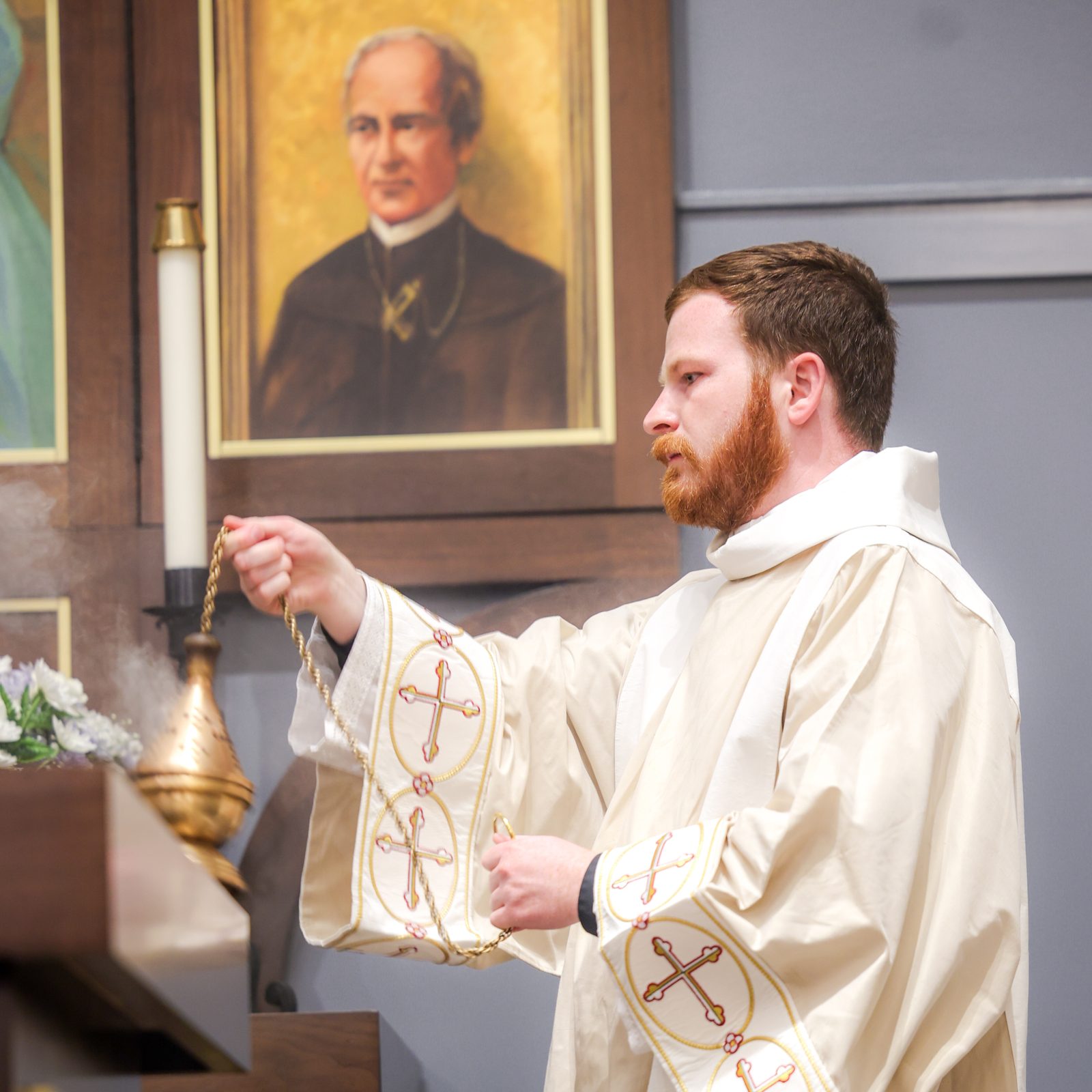 During a June 5, 2024 Mass at St. Mary’s Ryken High School in Leonardtown, where Cardinal Gregory blessed the new altar at the school’s renovated Chapel of Charity, Deacon John Winslow from St. Mary’s Ryken’s class of 2015 incenses the altar. Deacon Winslow will be among the 16 men who will be ordained by Cardinal Gregory as new priests for The Roman Catholic Archdiocese of Washington on June 15 at the National Shrine. (Photo by HD Photography for St. Mary’s Ryken High School)