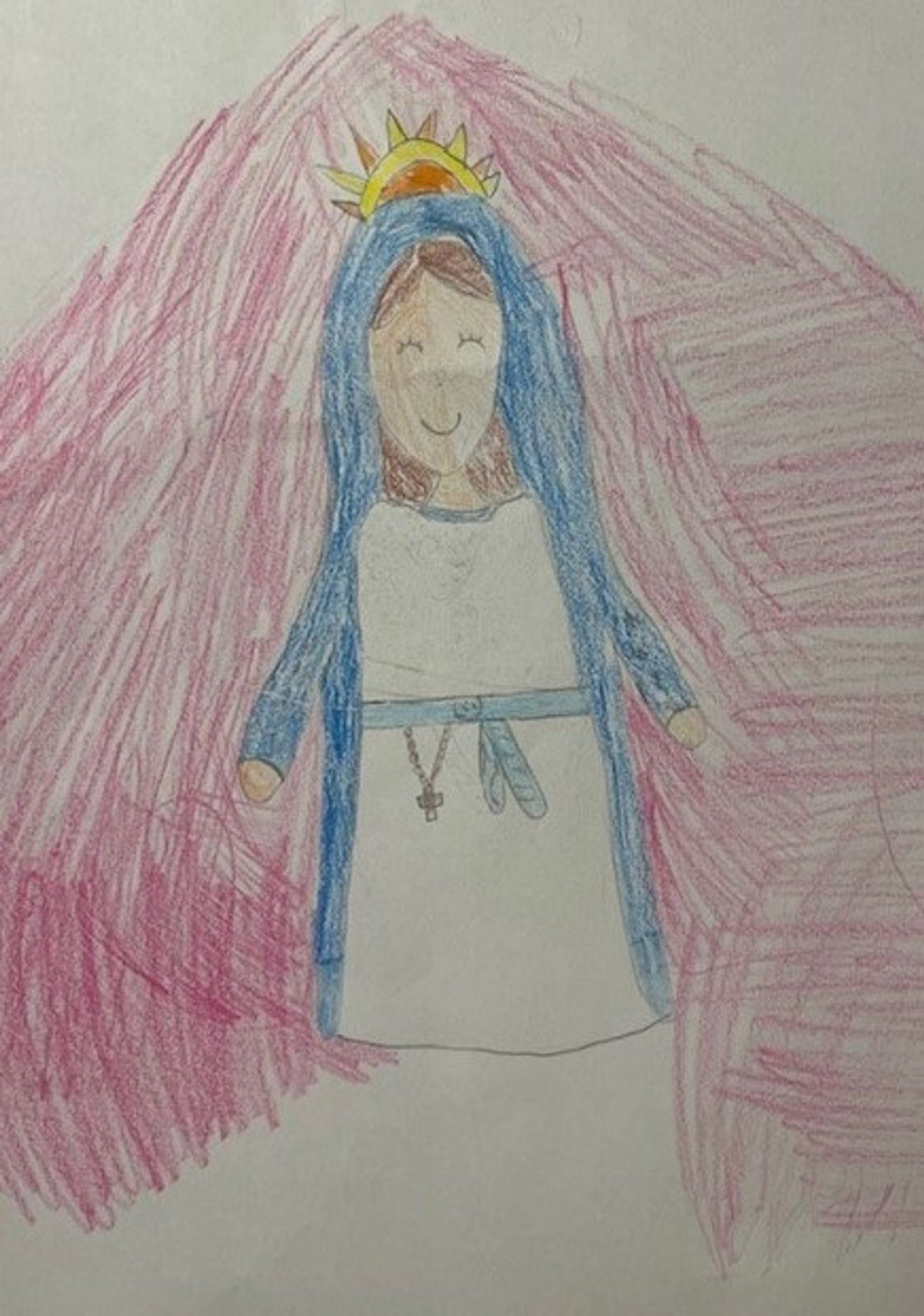 “I love Mary because she is the mother of Jesus. I am sad for Mary because her son died on the cross. Mary is in heaven with Jesus and God!” – Artwork and writing by Samantha Hoyt, second grade, Cardinal Hickey Academy, Owings