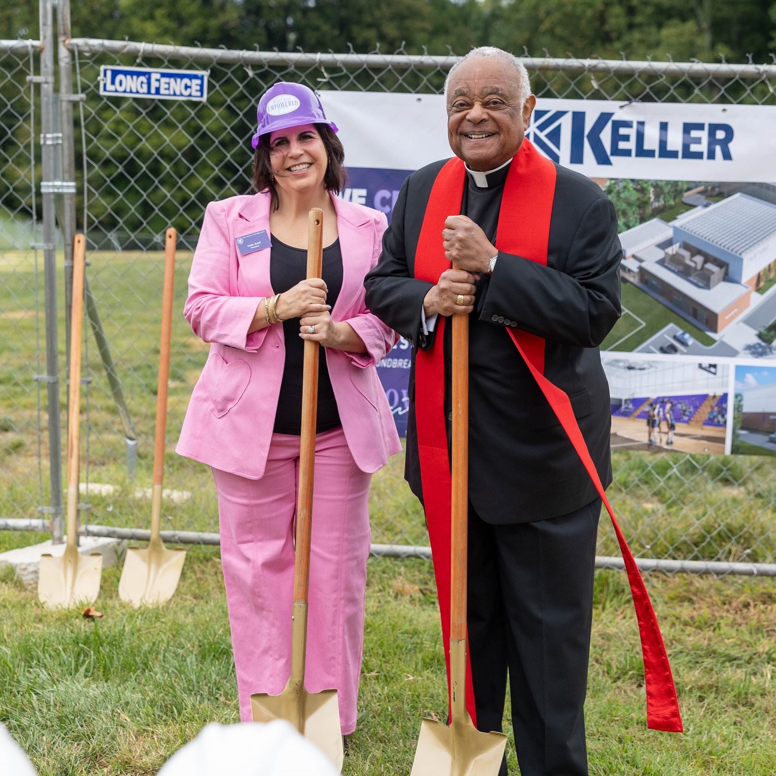 Emily A. Kasof, the new president of The Academy of the Holy Cross in Kensington, stands with Washington Cardinal Wilton Gregory during a ground blessing ceremony there on Sept. 13, 2024 for the academy’s new Athletic and Wellness Center. (Catholic Standard photo by Mihoko Owada)