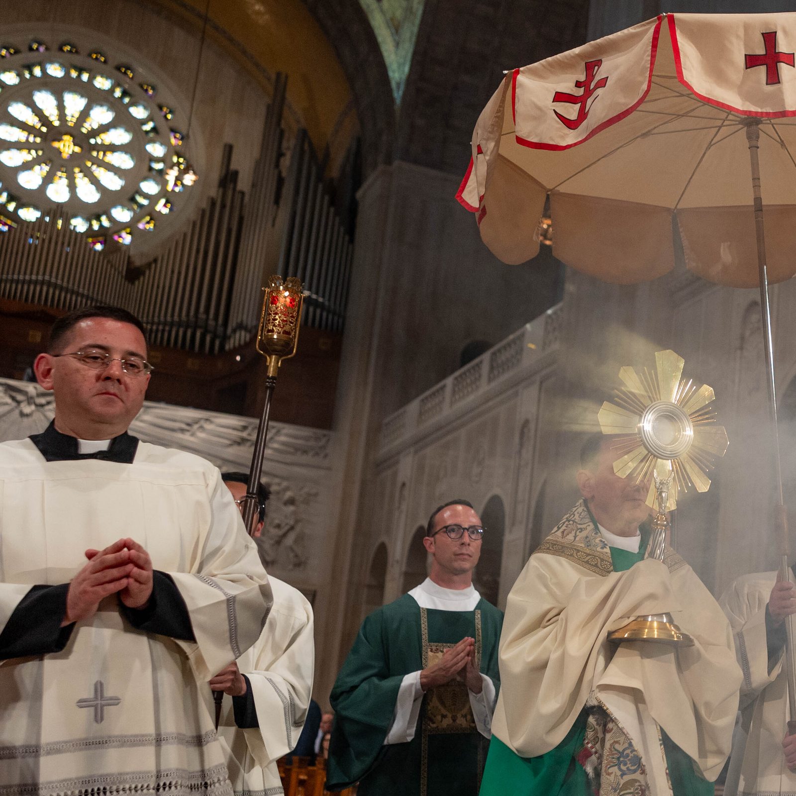 Arlington Bishop Michael F. Burbidge leads a Eucharistic procession through the Basilica of the National Shrine of the Immaculate Conception in Washington, D.C., during the National Eucharistic Pilgrimage Mass on June 9, 2024. (Catholic Standard photo by Mihoko Owada)