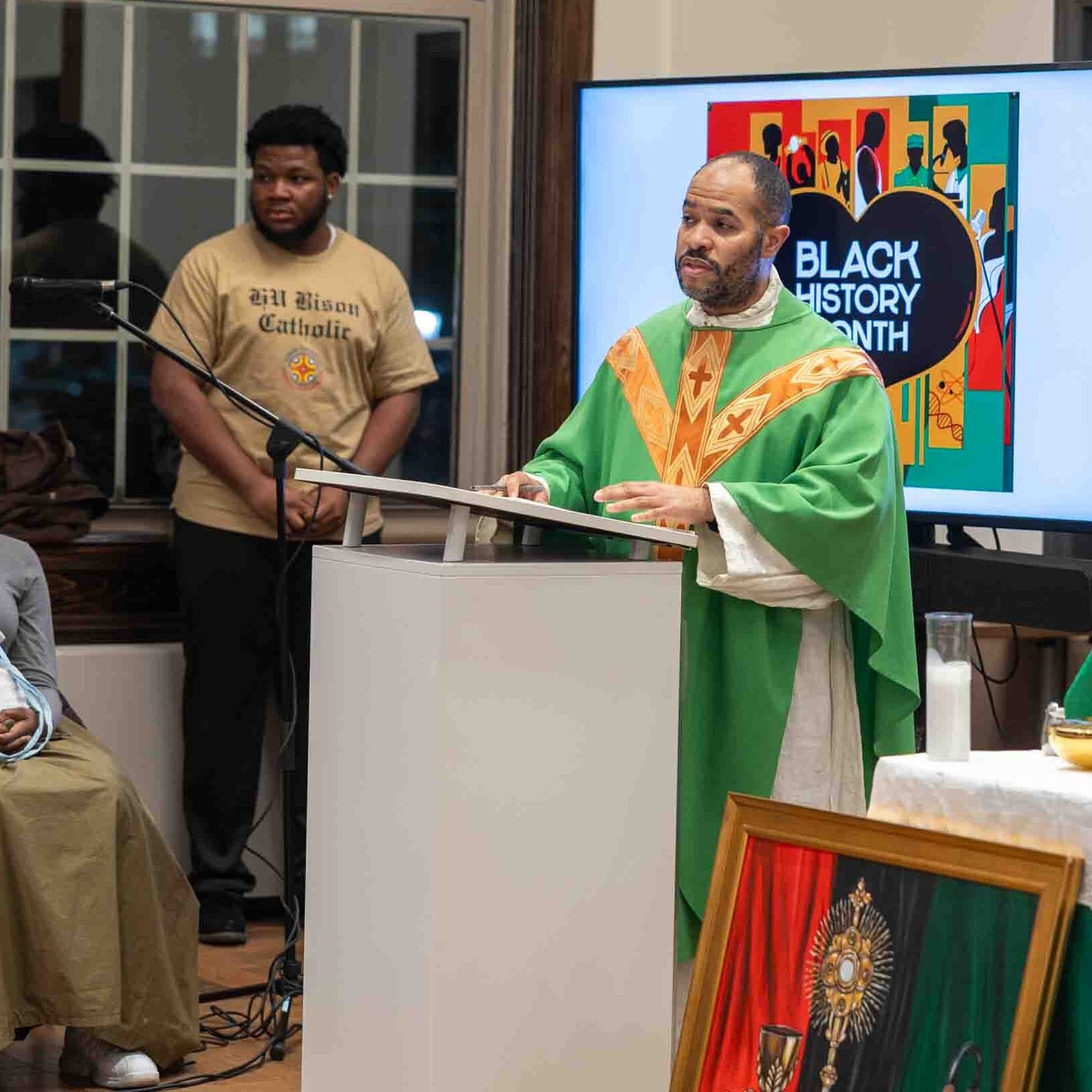 Father Robert Boxie III, the Catholic chaplain at Howard University, speaks during a Mass celebrated by Washington Cardinal Robert W. McElroy at the university on Feb. 1, 2026. (Catholic Standard photo by Mihoko Owada)