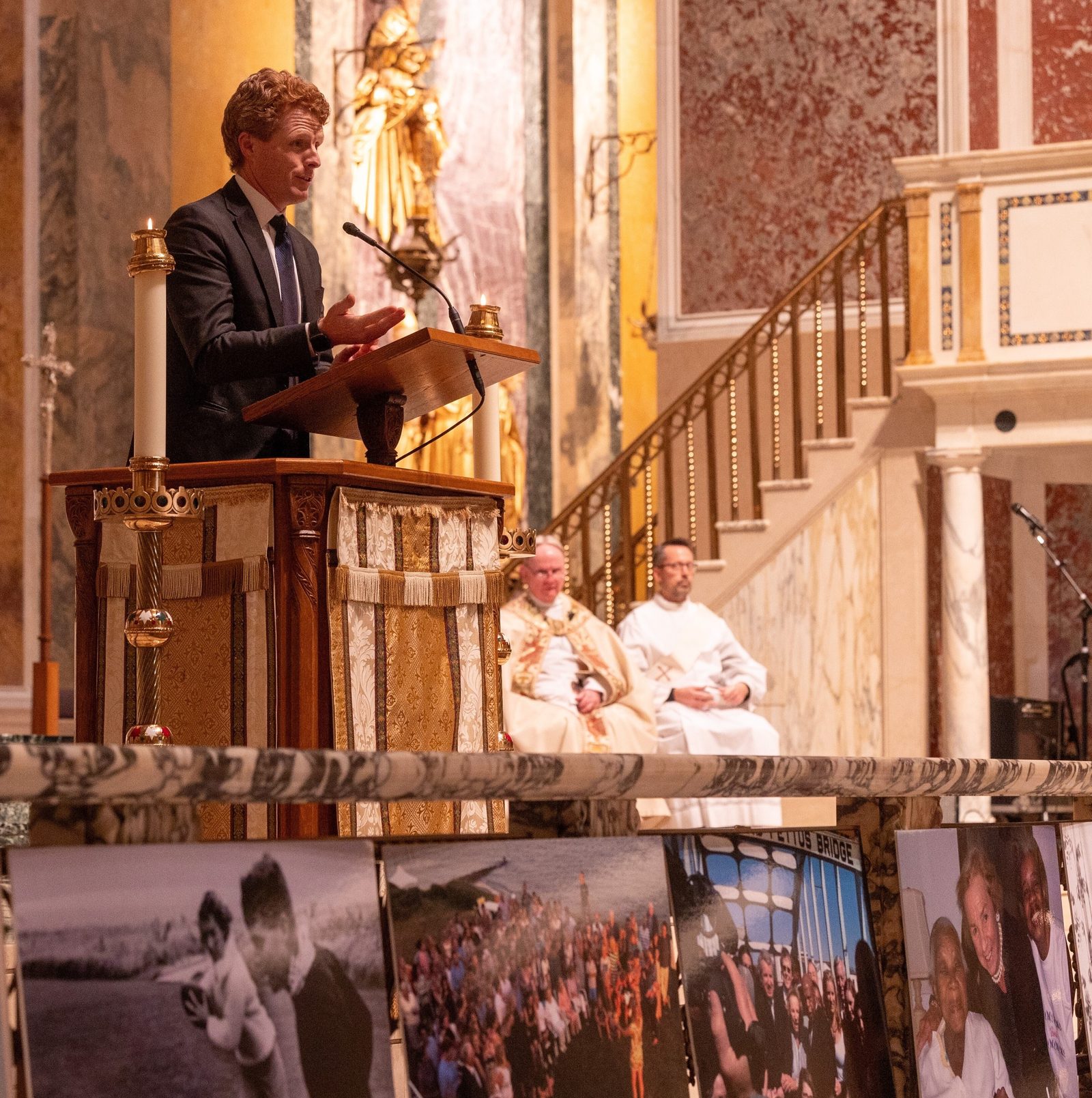 Joseph Kennedy III, a grandson of the late Ethel Skakel Kennedy, speaks during a celebration of her life held at the Cathedral of St. Matthew the Apostle in Washington, D.C., on Oct. 16, 2024. He welcomed guests to the memorial service and introduced the speakers and musical performers. Large photos placed along the Communion rail showed scenes of the family life and social justice work of Ethel Kennedy, who died on Oct. 10 at the age of 96. (Catholic Standard photo by Mihoko Owada)