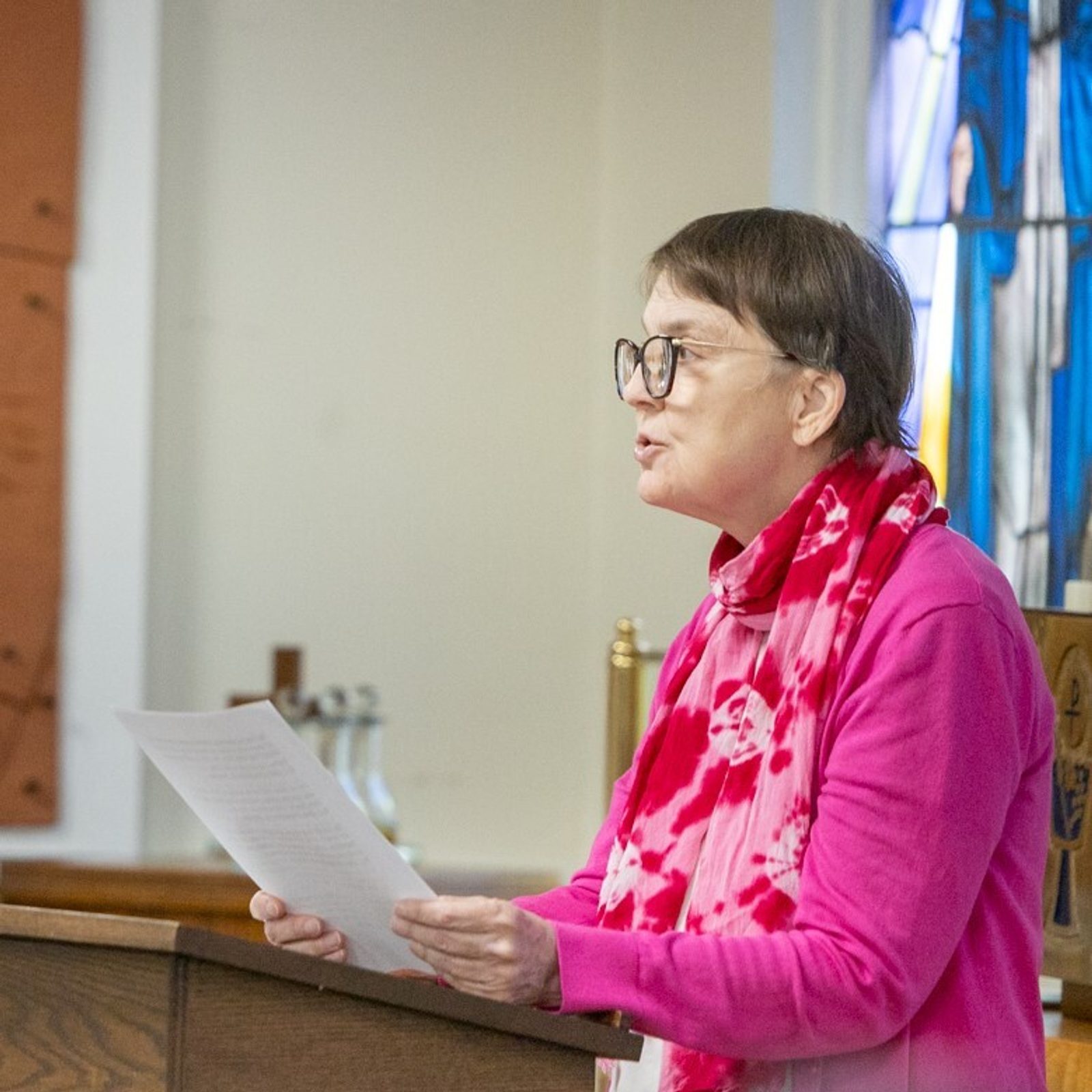 Judy Barr reads the intentions during a May 11 Mass at the Pope Francis Center in Landover Hills for people living with mental health challenges. The Mass was hosted by the Office of Deaf and Disabilities Ministry of The Roman Catholic Archdiocese of Washington. (Catholic Standard photo by Mihoko Owada)