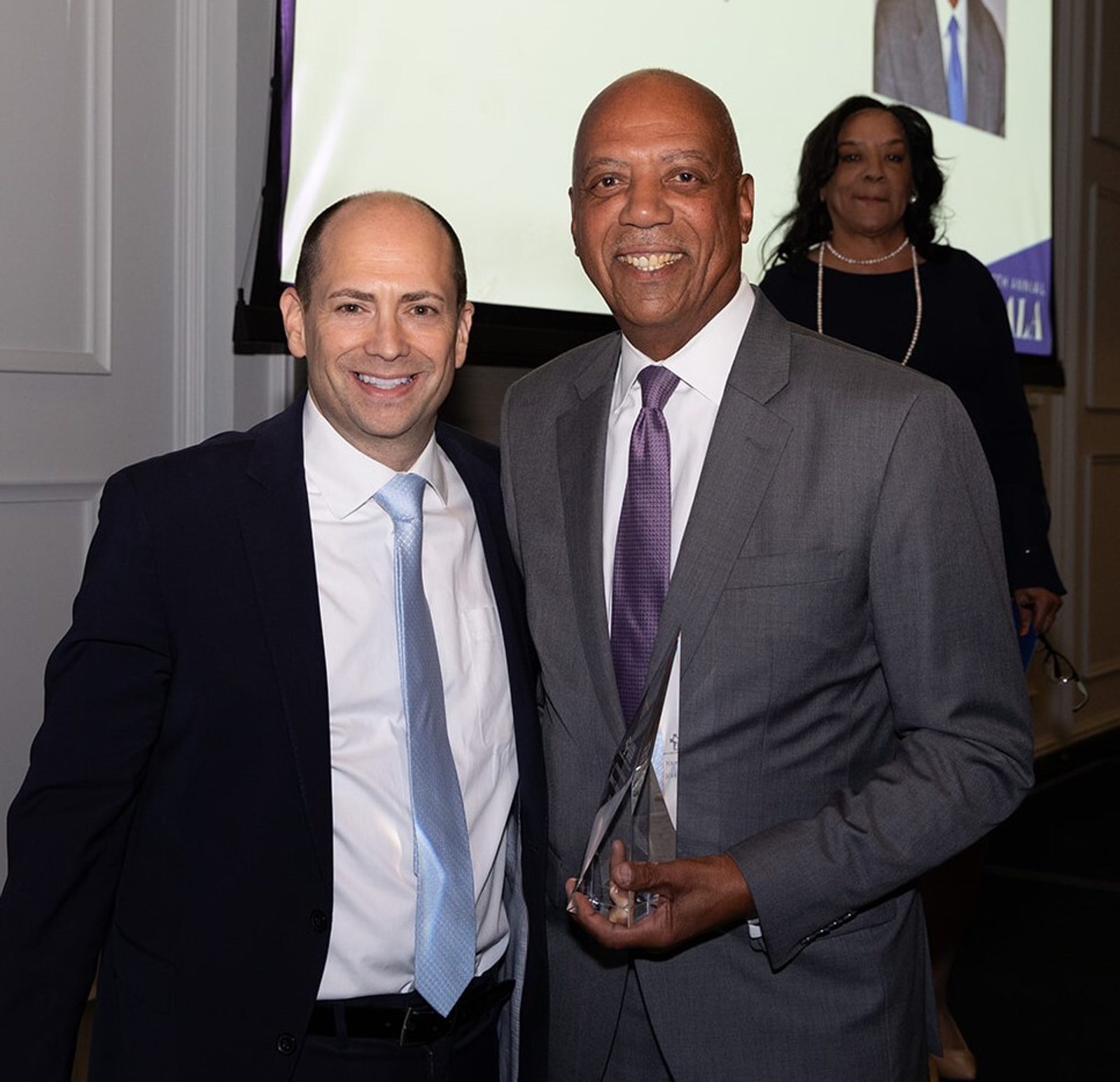 At the 10th annual gala of the Catholic Business Network of Washington, D.C., Justin Silvers (at left), the president of CBN-D.C., stands with John Butler, the Vice President for Development & Mission Advancement at Trinity Missions, who received the Founders Award from the group. The event was held on Oct. 10, 2024 at the Four Seasons Hotel in Washington. (Photo courtesy of CBN-D.C. by Michael J. Collela)