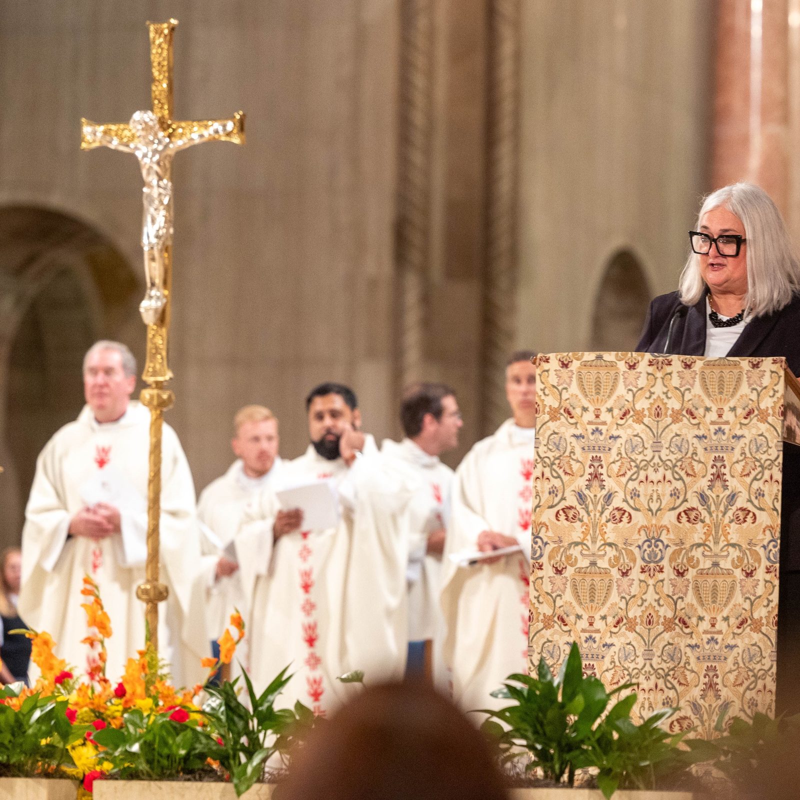 Kelly Branaman, the Secretary for Catholic Schools and Superintendent of Schools for The Roman Catholic Archdiocese of Washington, speaks during the Opening of Schools Mass on Aug. 26 at the National Shrine. (Catholic Standard photo by Mihoko Owada)