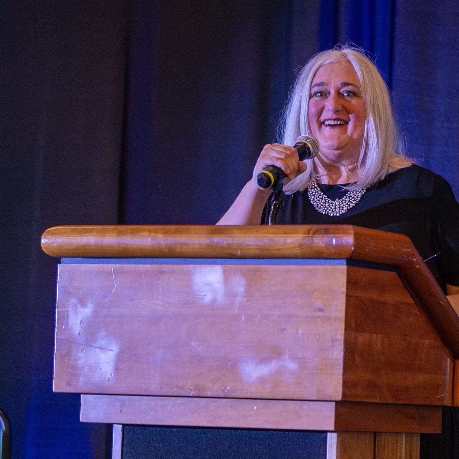 Kelly Branaman, the Secretary for Catholic Schools and Superintendent of Schools for The Roman Catholic Archdiocese of Washington, speaks at the Catholic Business Network of Montgomery County Gala on Nov. 22, 2024, where she received the group’s Community Leader of the Year Award. (Catholic Standard photo by Mihoko Owada)