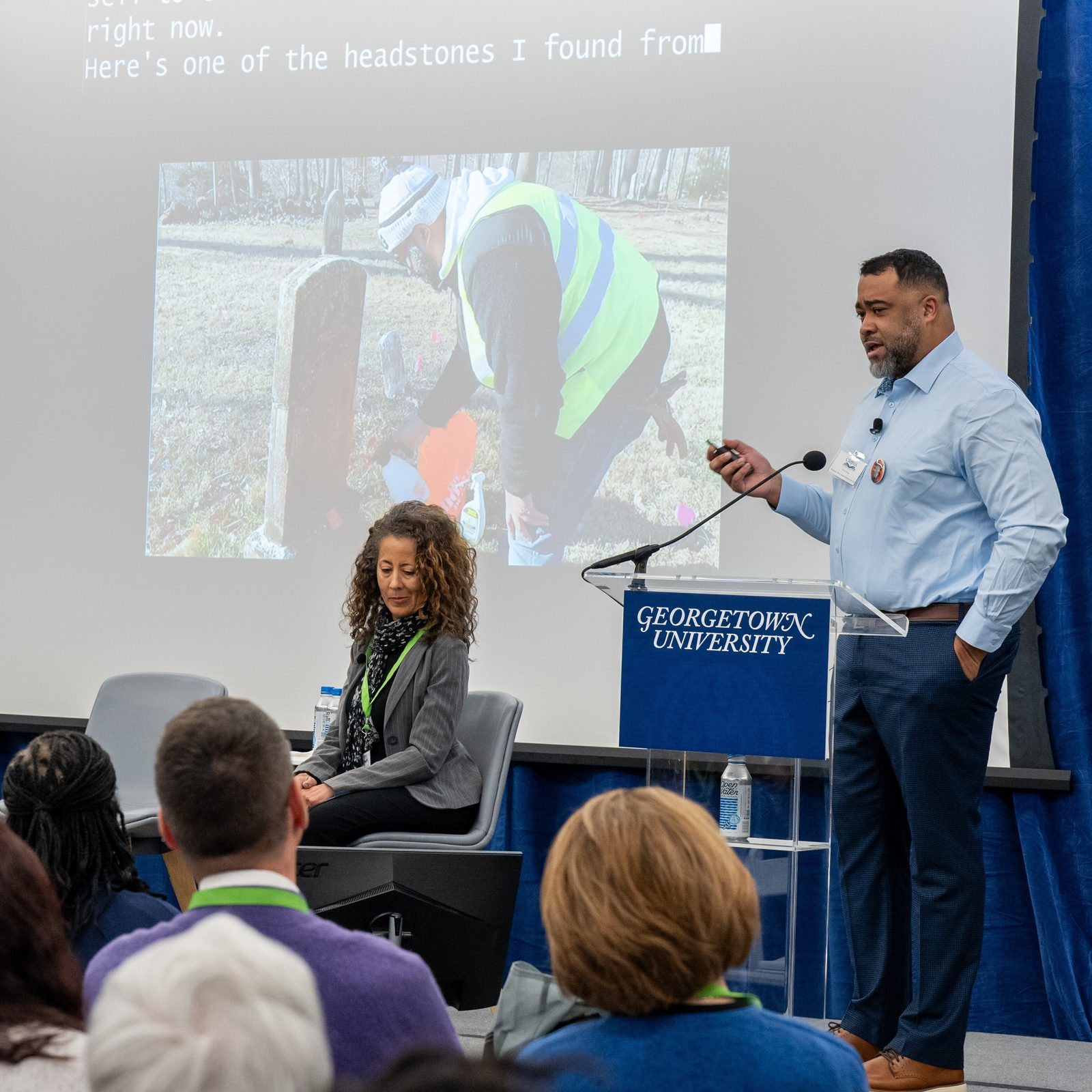 Kevin Porter (at right), the president of the White Marsh Historical Society, speaks at the CROSS (Catholic Religious Organizations Studying Slavery) conference on Nov. 14, 2025 at Georgetown University, during a panel discussion on “Understanding Catholic History and Catholic Cemeteries through Archaeology.” Porter is a descendant of enslaved ancestors who worked on plantations operated by the Jesuits in Maryland. From left to right are Stephanie A.T. Jacobe, the director of Archives for the Roman Catholic Archdiocese of Washington who served as the moderator of the panel; and panelists Garrett Ternent, a graduate student from American University; Dr. Laura Masur, an assistant professor of anthropology at The Catholic University of America; Dr. Lynn Locklear Nehemiah, a retired dentist and a descendant of enslaved ancestors who serves as the vice president of the White Marsh Historical Society; and Porter. (Photo courtesy of Georgetown University)