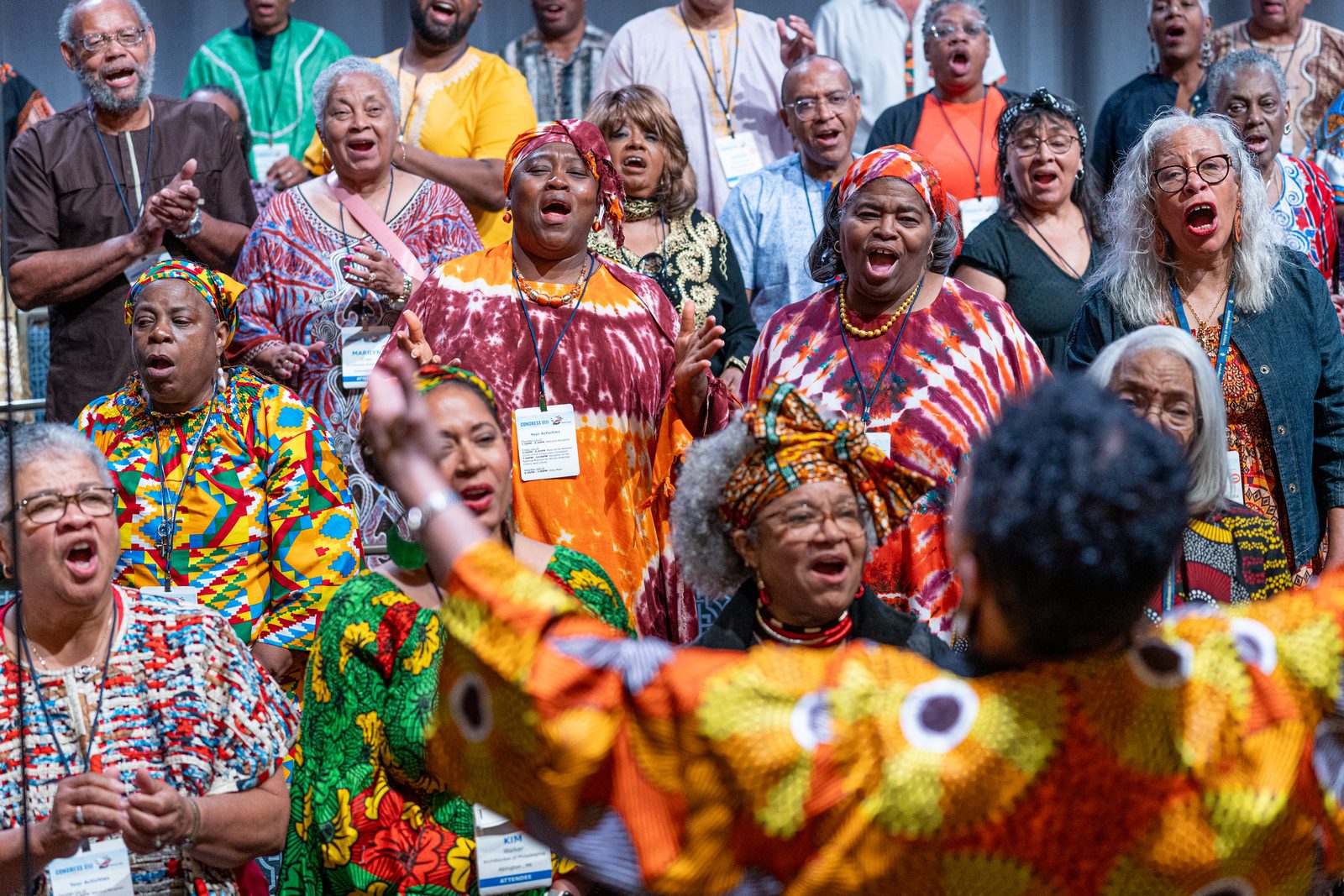At the closing Mass for the 13th National Black Catholic Congress on July 23, 2023, Lynné Gray , the director of music for the congress, leads the combined choir that included singers from parishes across the United States. The gathering was held at the Gaylord National Resort & Conference Center in National Harbor, Maryland. The Catholic Standard’s coverage of the National Black Catholic Congress received a second place award for best news writing series on a national event in the 2024 Catholic Media Awards competition of the Catholic Media Association. (Catholic Standard photo by Mihoko Owada)