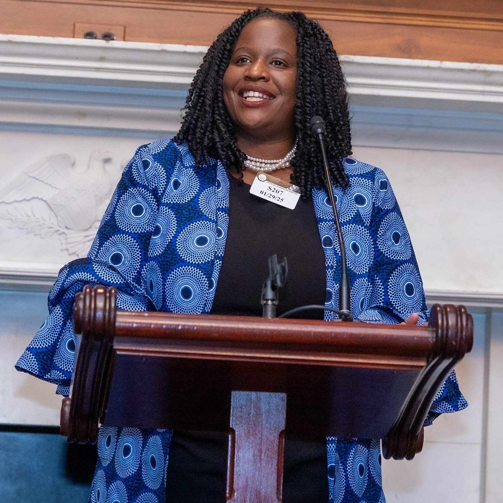 Nicole Peltier-Lewis, the principal of Annunciation Catholic School in Washington, D.C., speaks at a 20th anniversary reception for the D.C. Opportunity Scholarship Program on Jan. 29, 2025 at the U.S. Capitol in the Mike Mansfield Room. (Catholic Standard photo by Mihoko Owada)