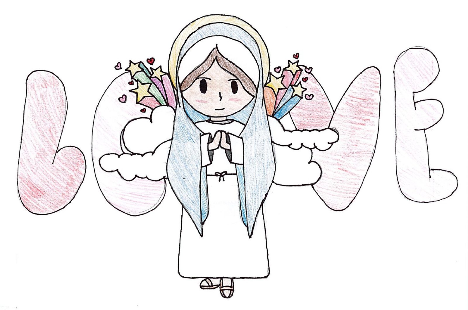 “I drew Mother Mary because she said yes to the angel Gabriel right away, even though she was just a teen. The journey to Jesus’s birth was hard, but she got through it.” – Artwork and writing by Lianna Gonzales, eighth grade, St. Columba School, Oxon Hill