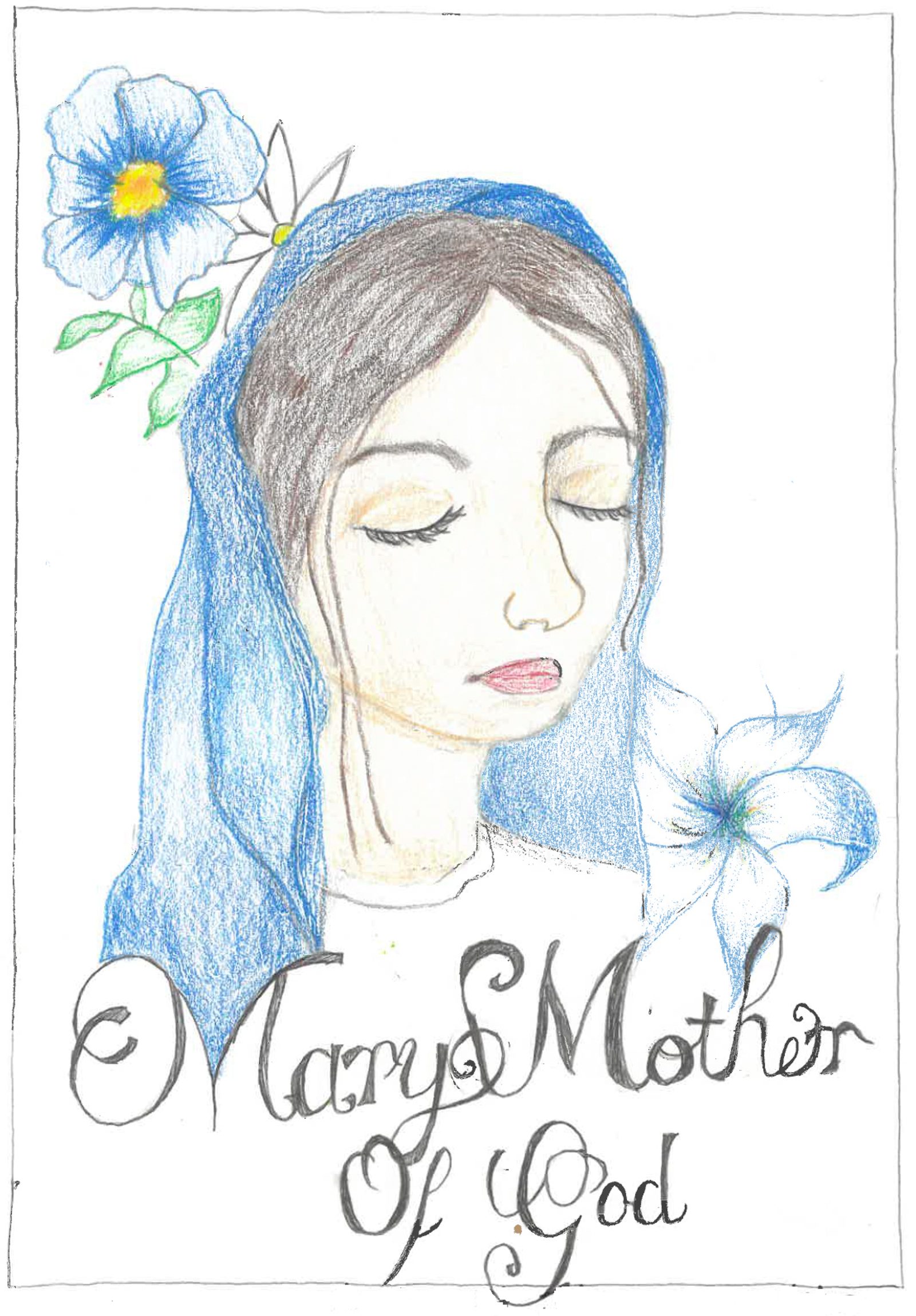 “Mary is the best mother of mothers. She is brave and humble. Her faith for God was so strong that she accepted to have Jesus through the Holy Spirit. She then loved Jesus more than anything and raised him to her fullest ability. I admire her for her faith in God. Her love is grander than any other person.” – Artwork and writing by Angely Zacarias, seventh grade, St. John the Evangelist School, Clinton, Maryland